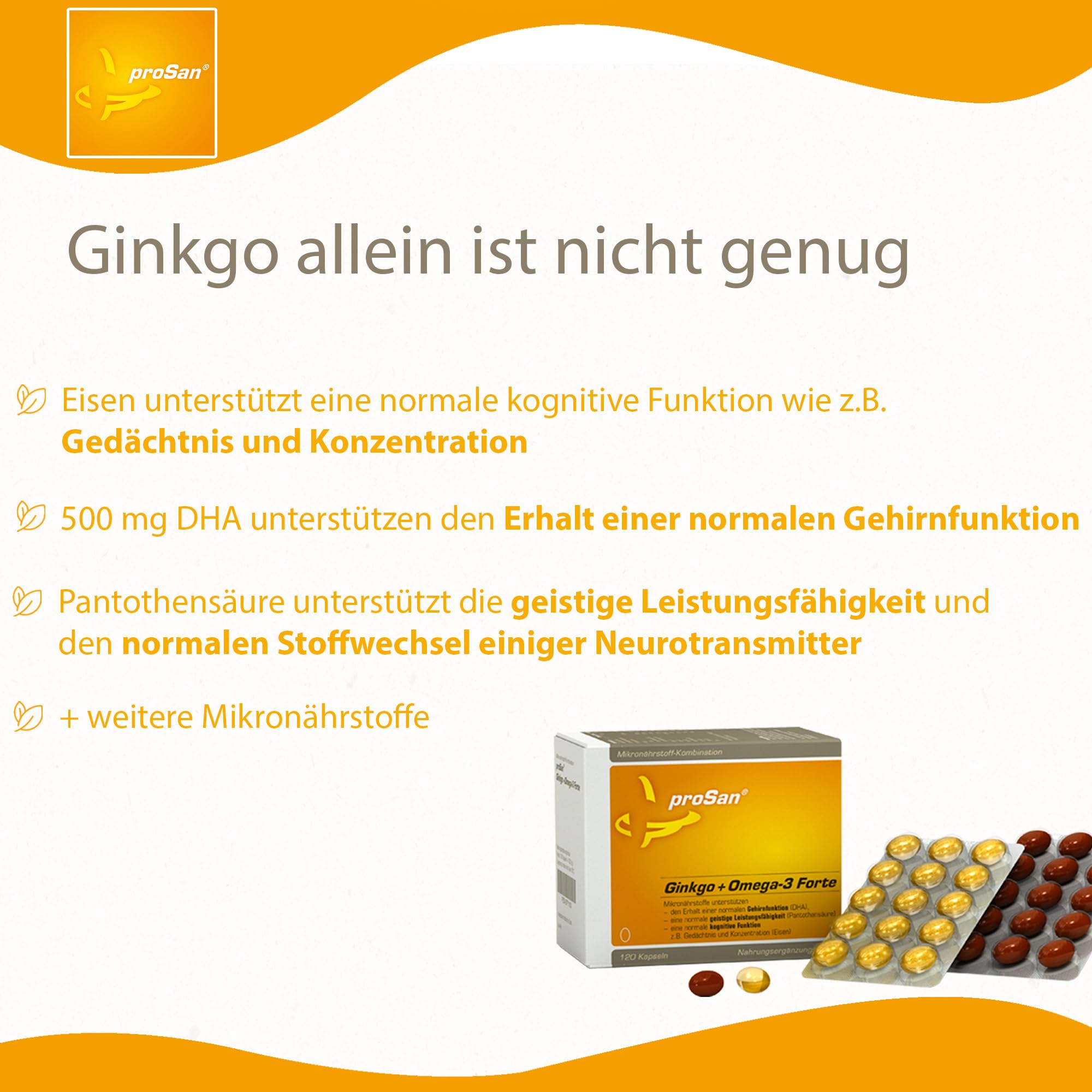 proSan Ginkgo+Omega-3 Forte (Monatspackung: 120 Kapseln) | Ginkgo-biloba + Omega-3-Fettsäuren DHA und EPA, 7 gehirnaktive Mikronährstoffe, Gedächtniskapseln bei Vergesslichkeit