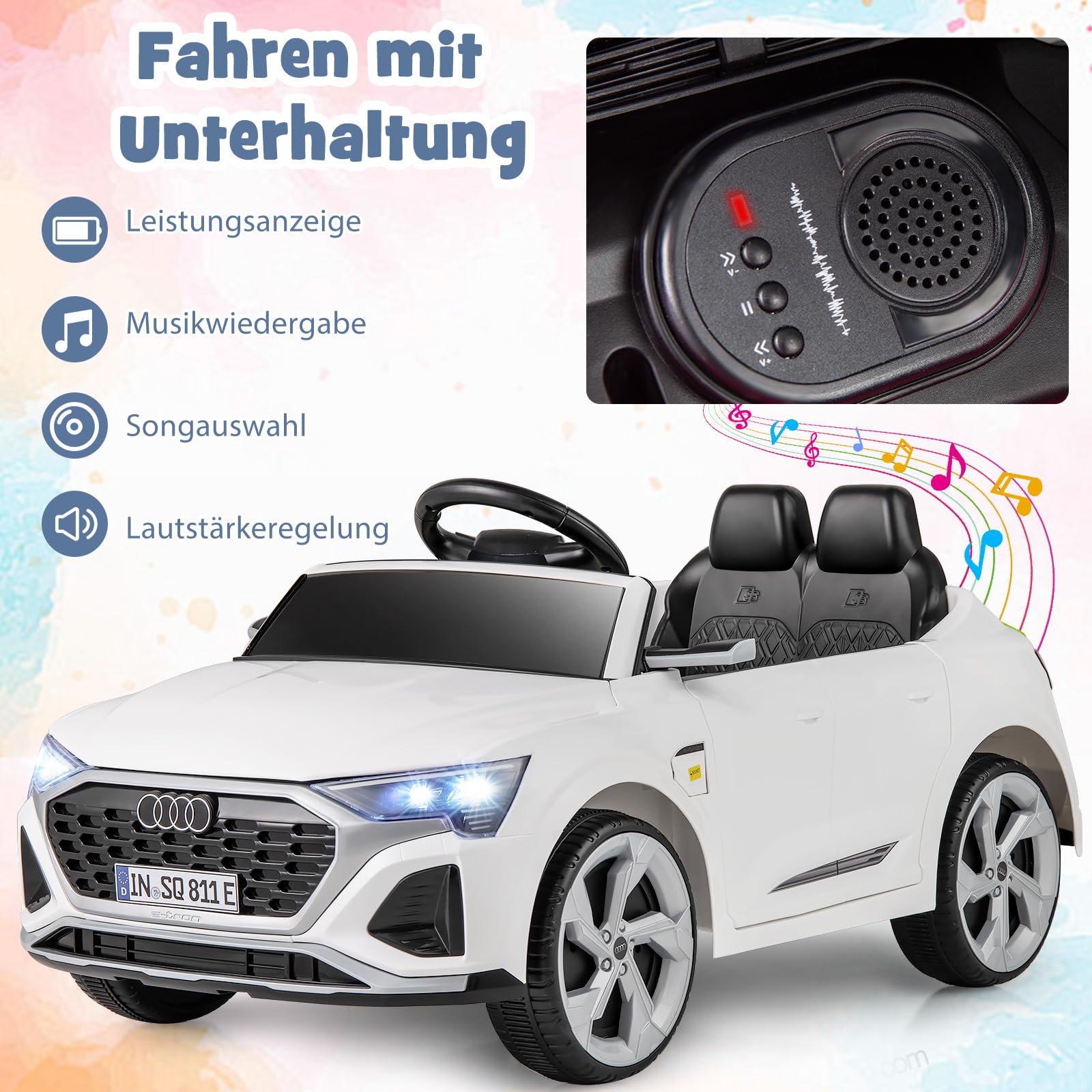 COSTWAY Kinder Elektroauto Audi SQ8, 12V Elektrofahrzeug mit 2,4G Fernbedienung & Hupe & Scheinwerfer & Musik, 3-Gang Kinderauto Elektrisch, Elektroauto für Kinder ab 3 Jahren (Weiß)