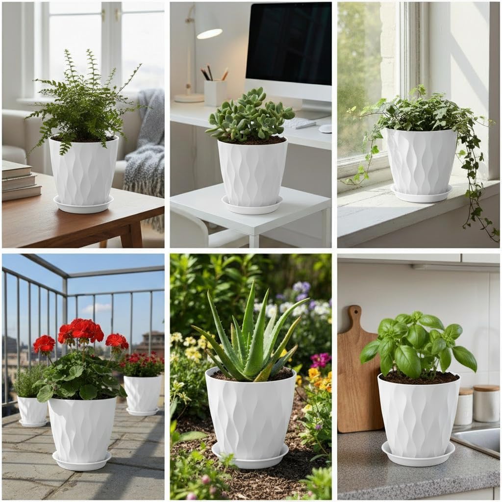 Plant Pots 8 Inch, 6 Pack Plastic Flower Pots for Indoor & Outdoor Plants, Planters with Drainage Holes and Saucer, Garden Pot for Plants (White)