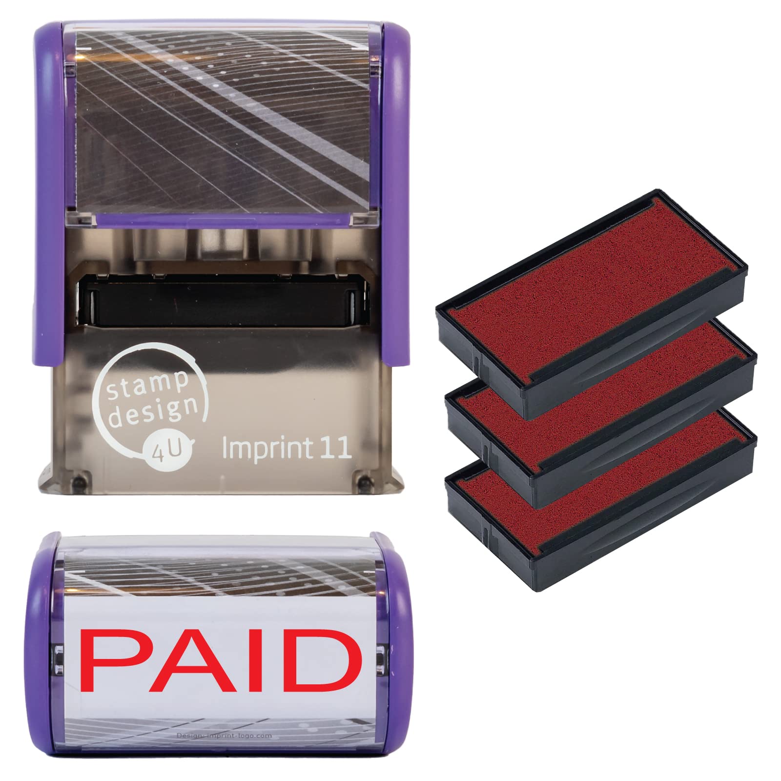Paid Rubber Stamp Self Inking (RED Ink) - SD4U Imprint 11 38 x 14mm - Capital Bold Lettering to Ink Your Paid Documents (Red, Stamp + 3 Spare Ink Pads)