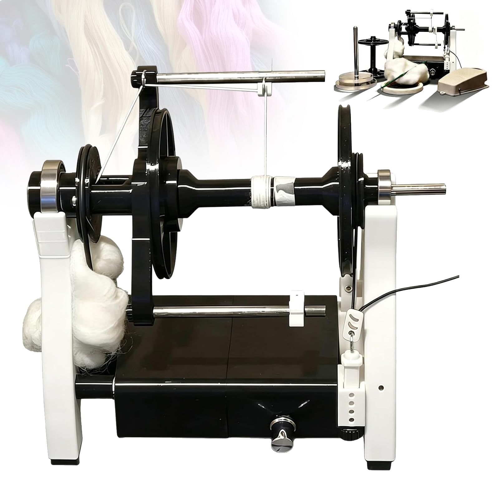VILA SMO Electric Yarn Spinner Kit, Yarn Spinner Winder Spinning Wheel, With Pedal, Speed Adjustable, Forward And Reverse Gears, For Spinning Wool, Cotton, Silk, And Other Fibers White
