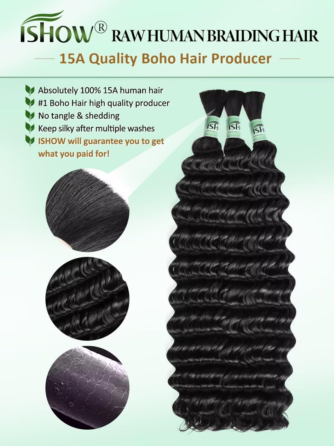 ISHOW Raw Human Braiding Hair, 100% Unprocessed Virgin Human Hair, 15A Deep Wave Bulk Human Hair, 150g 14 Inch 3 Packs, NO.1 Premium Quality Boho Hair Producer, Long Lasting, Color 1B