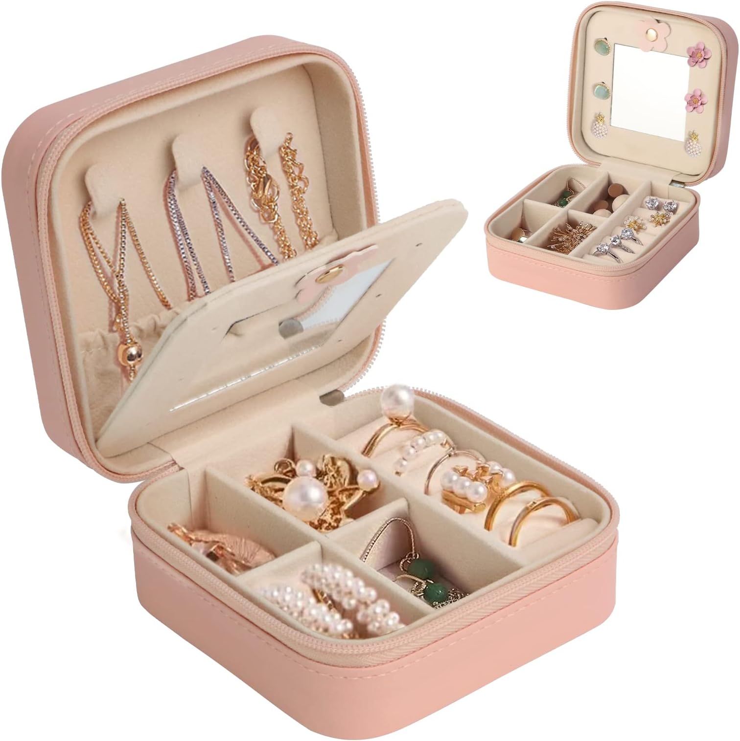 talifoca Mini Portable Jewelry Box Organiser, PU Leather Jewellery Box for Women, Travel Jewelry Storage Case Double Layer Jewelry Box with Mirror, Portable Jewellery Organiser for Girls, Women