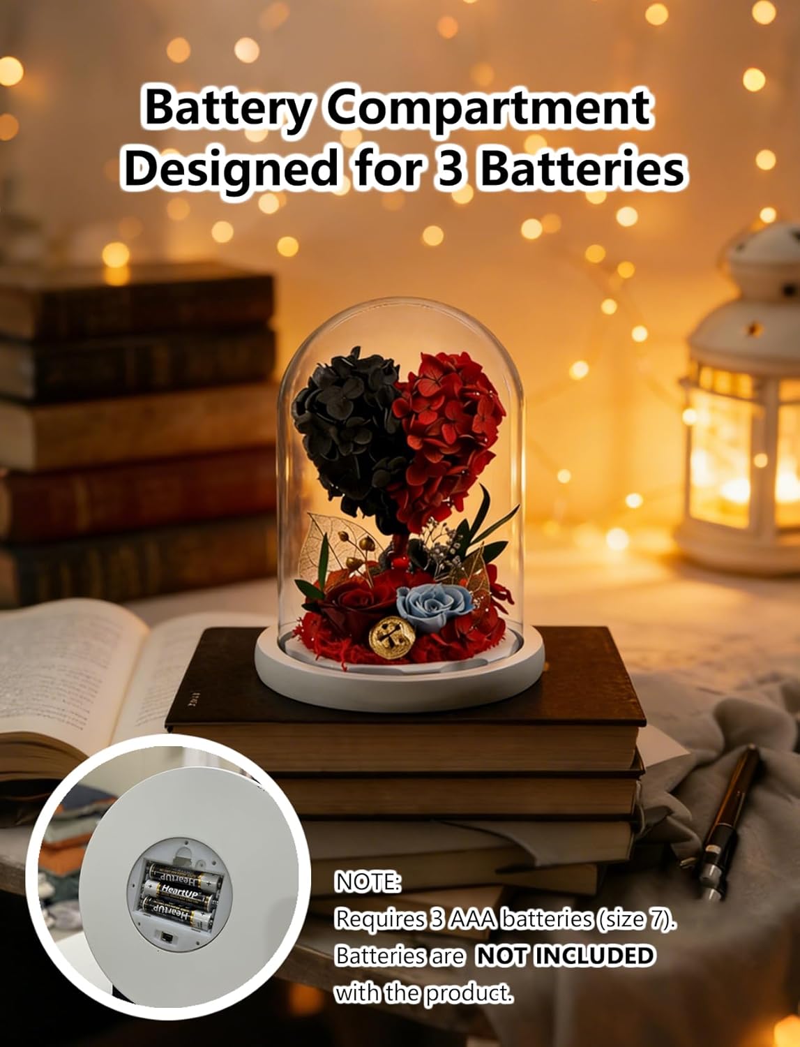 Heart-Shaped Preserved Rose Bouquet in Glass, Real Rose & Hydrangea with LED Lights, Gifts for Mom Birthday, Christmas, Teacher’s Day (RoseHeart Blue, LED)