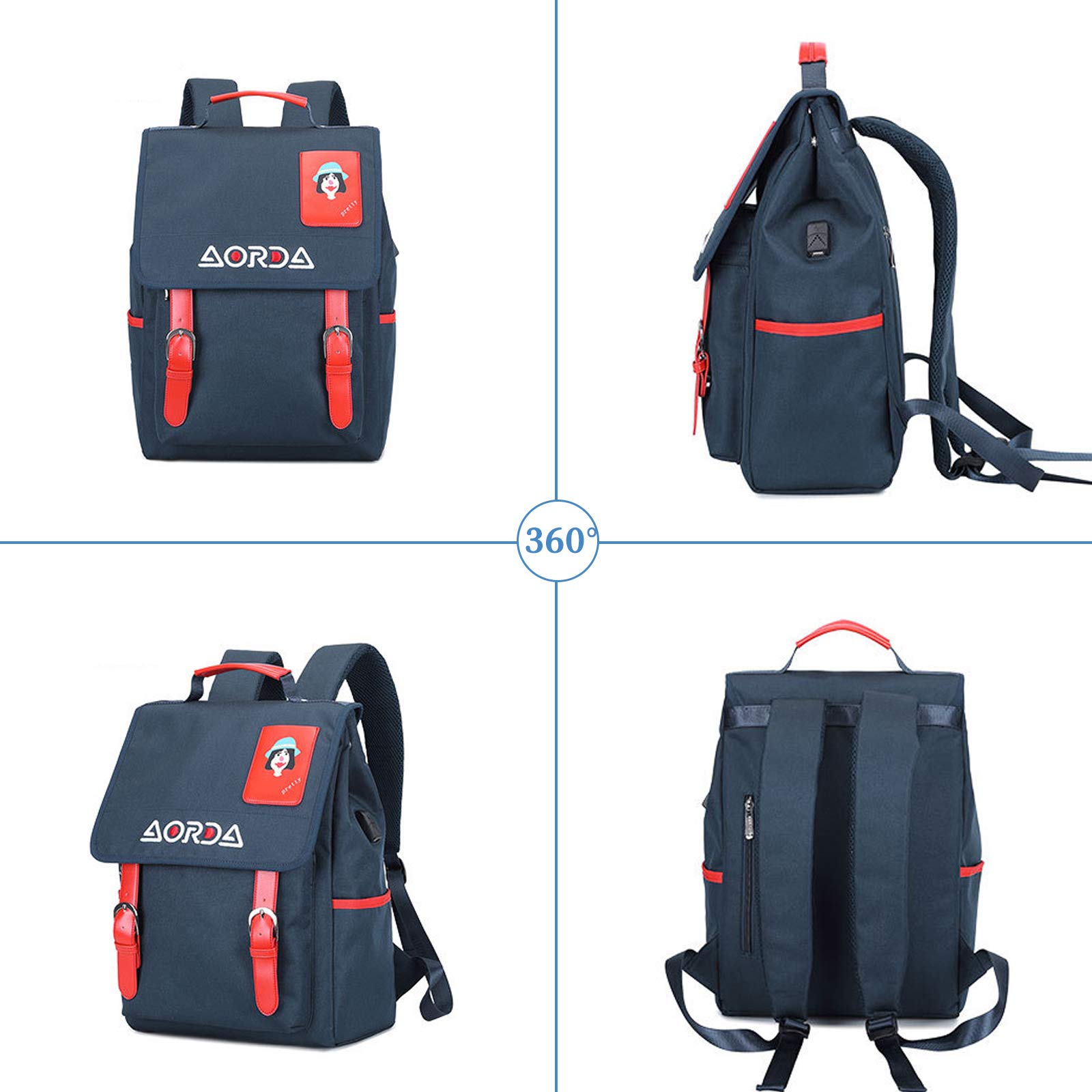 FANDARE Damski plecak modny plecak dzienny z przyłączem USB do ładowania, dla dziewcząt, torba szkolna, na laptopa o przekątnej ekranu 15,6", plecak podróżny, do szkoły, na zakupy, randkę, tornister,