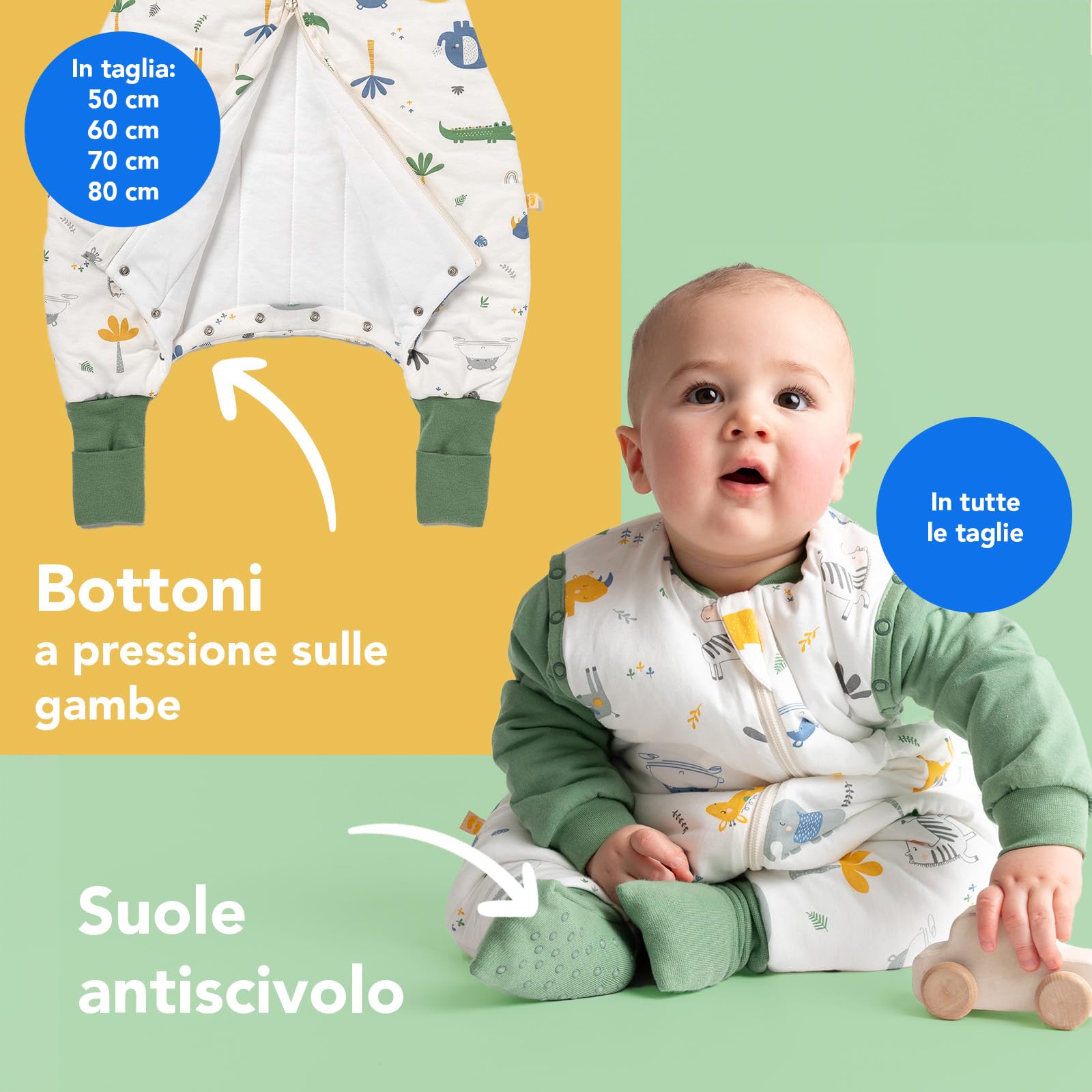 schlummersack Slumbersac Sacco nanna con piedini bambini 2.5 Tog 110 cm Giungla I Sacco nanna con gambe per dimensione del corpo 110-120 cm | Sacco nanna maniche rimovibili
