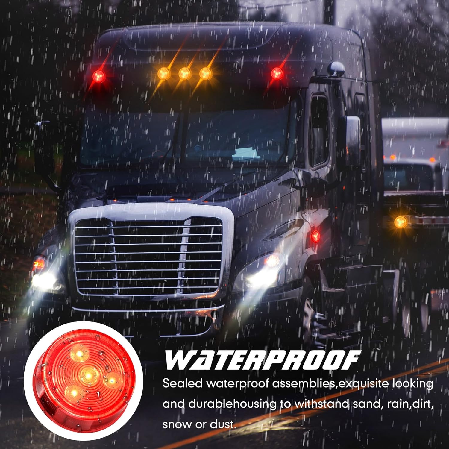 Red LED marker light submerged in water, demonstrating its waterproof design.