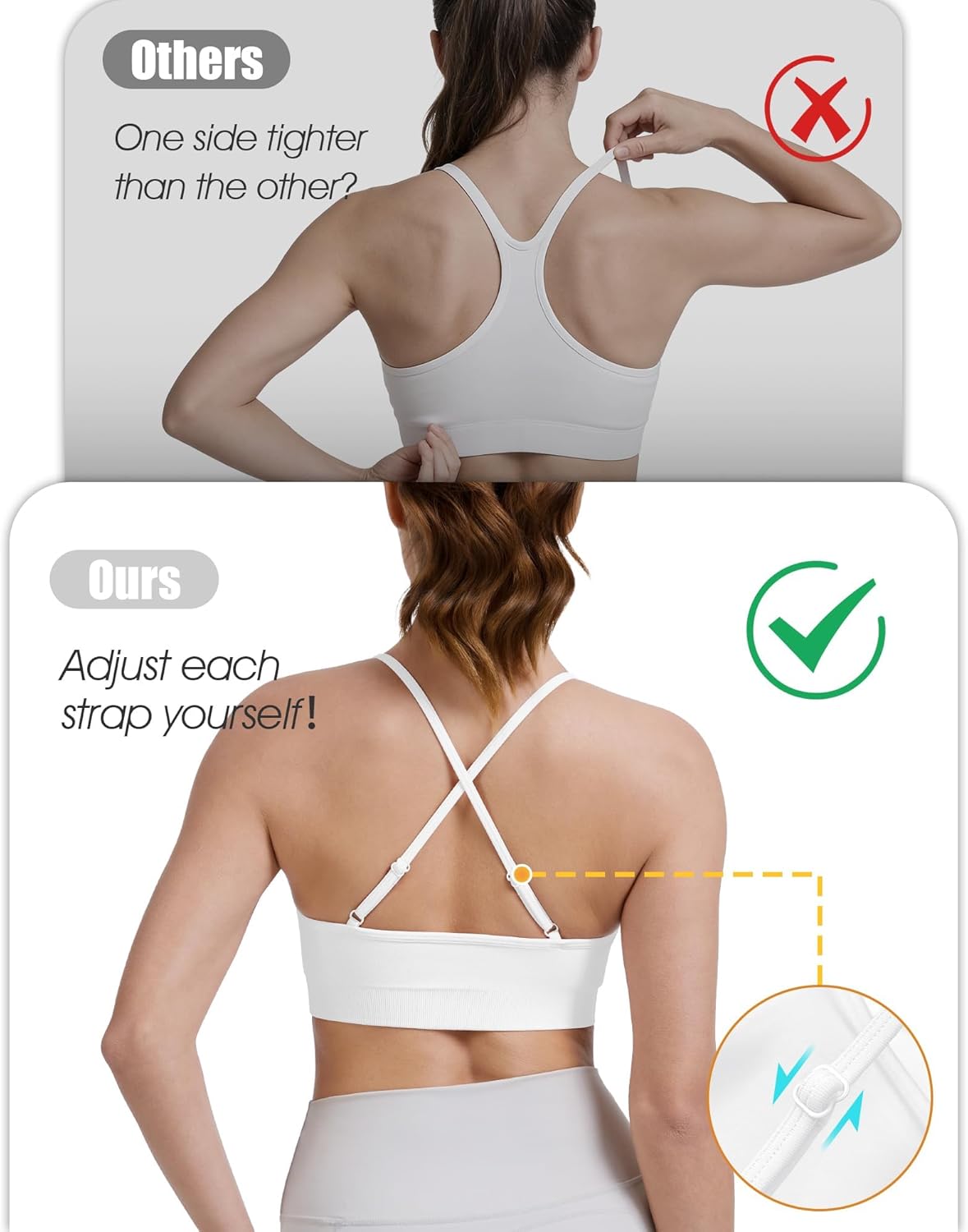 VEQKING Adjustable Sports Bras for Women, V Neck Cross Back Strappy Spaghetti Straps Padded Yoga Bra, 3 Pack