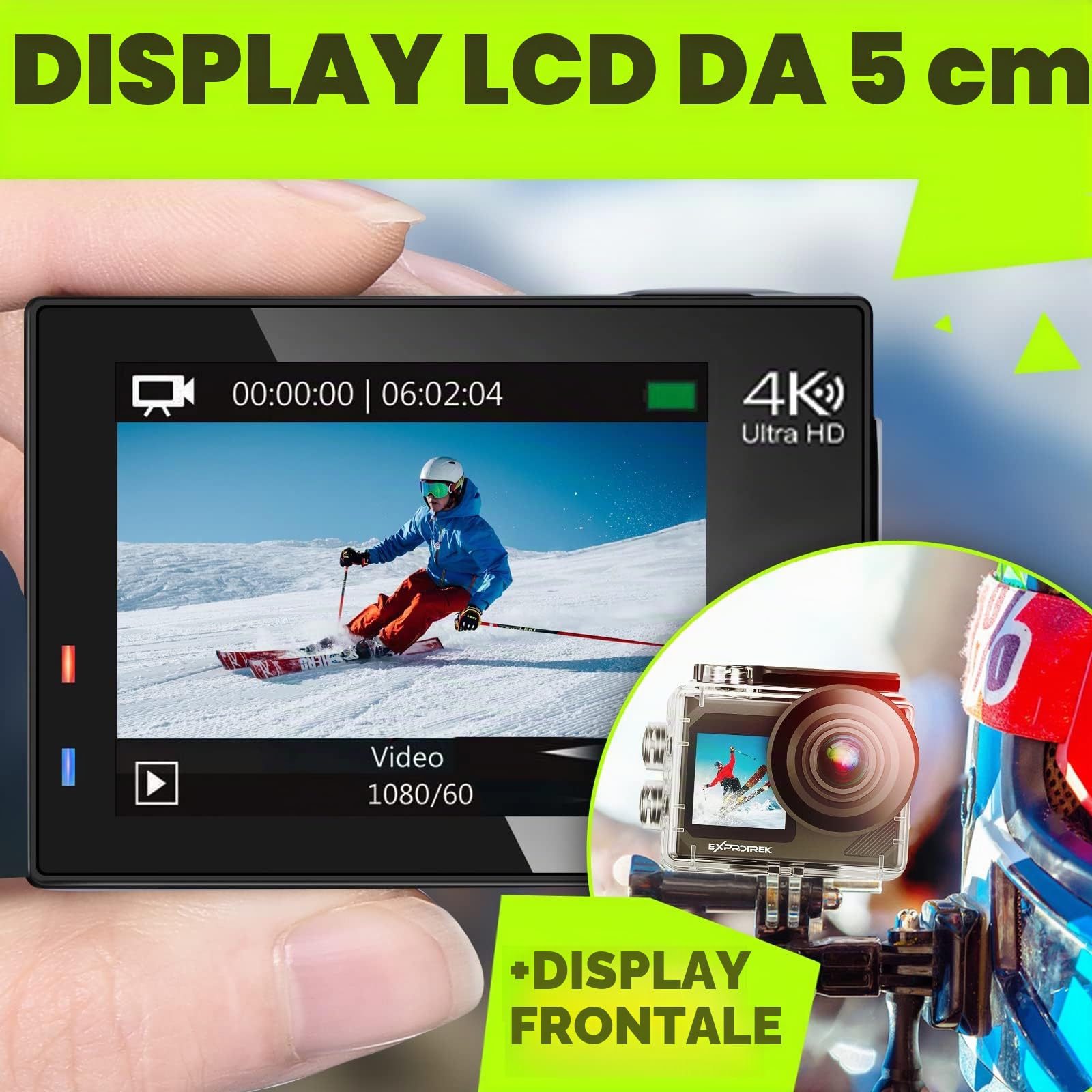 Action Cam, 20MP Action cam 4K con touch screen,angolo di visione regolabile, impermeabile fino a 40m sotto l'acqua.