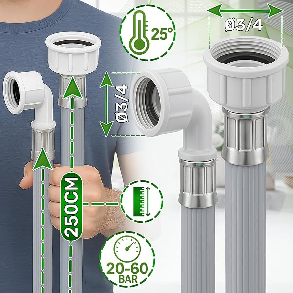 Tuyau Machine à Laver et Lave Vaisselle 2,5m pour Arrivee D'eau avec Soupapes Ø 3/4" Pression de 20 à 60 Bar pour Températures de 25°C - MADE IN ITALY - Garantie de 5 Ans - ONIX TECH - 3