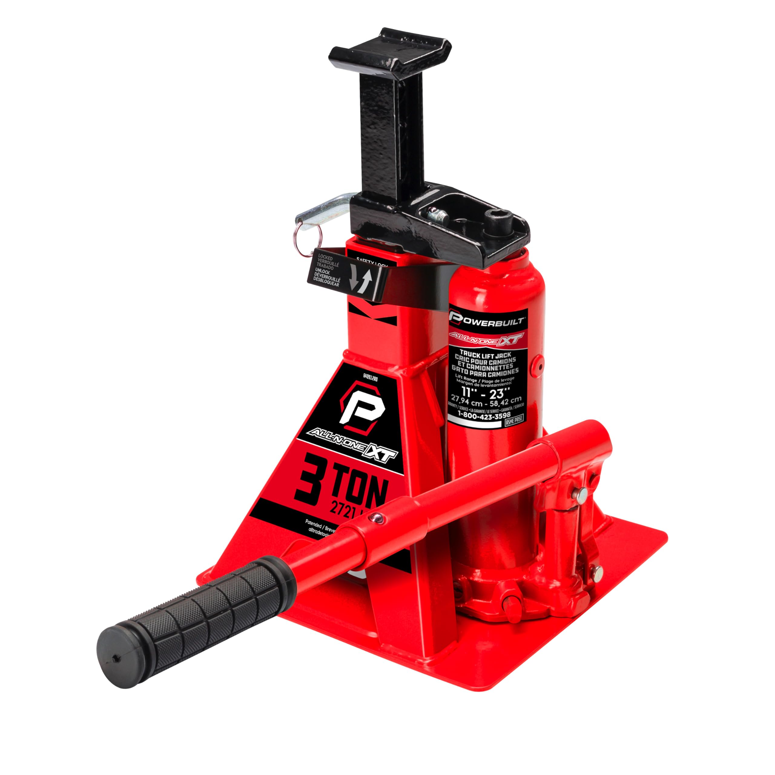 POWERBUILT 3 Ton All-in-One Hydraulic Bottle Jack and Jackstand in One, Compact, Wide Base, 11-21 Inch Range, Eliminates Jackstands, for Trucks, SUVs, RVs, Trailers, ASME, Not for Sedans - 640912