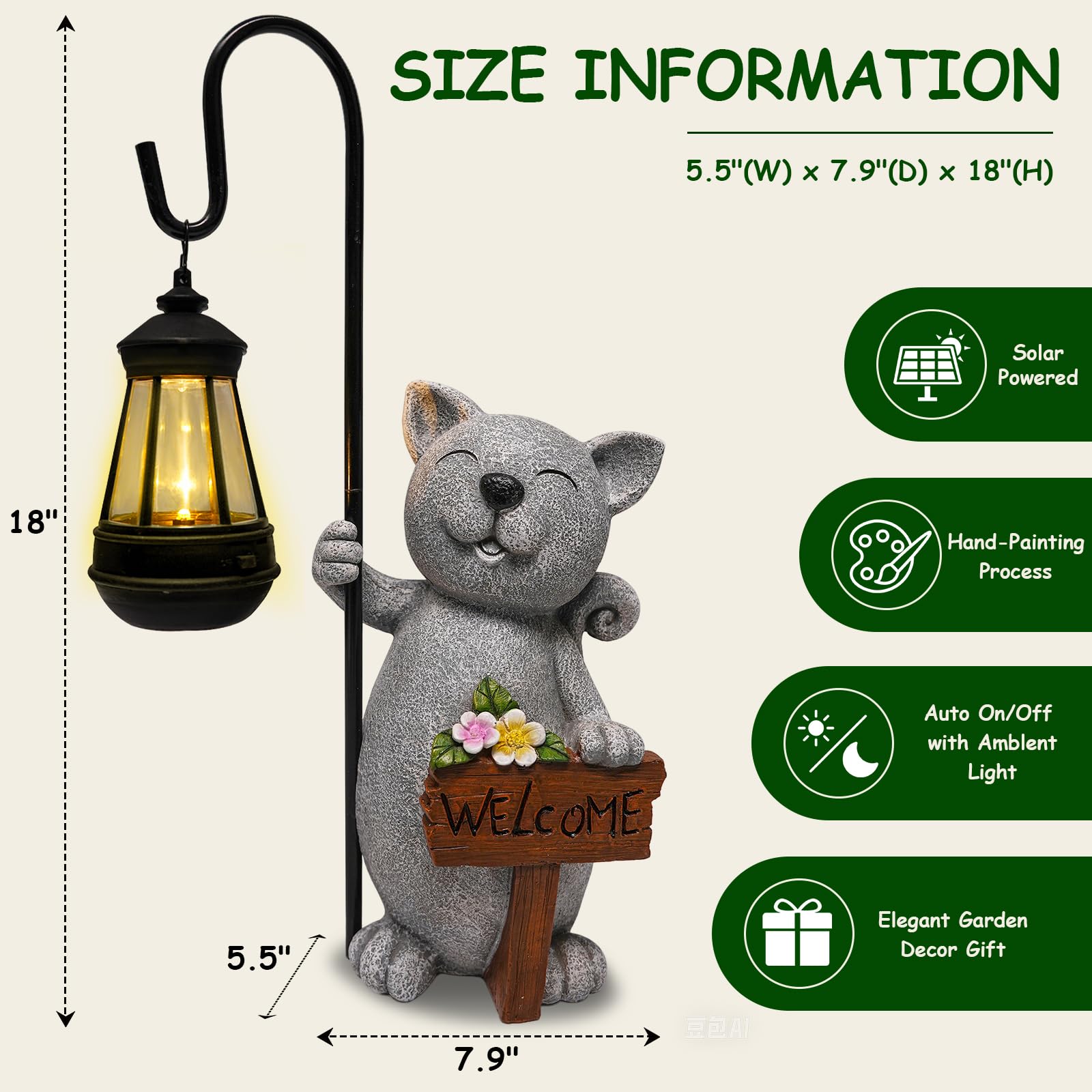 HDNICEZM Solar Cat Outdoor Statues for Garden Solar Lantern Resin Statue for Outside Balcony Garden Decor Gift for Grandma Women 18 * 5.58 * 9 inch (Gray Lantern Cat)