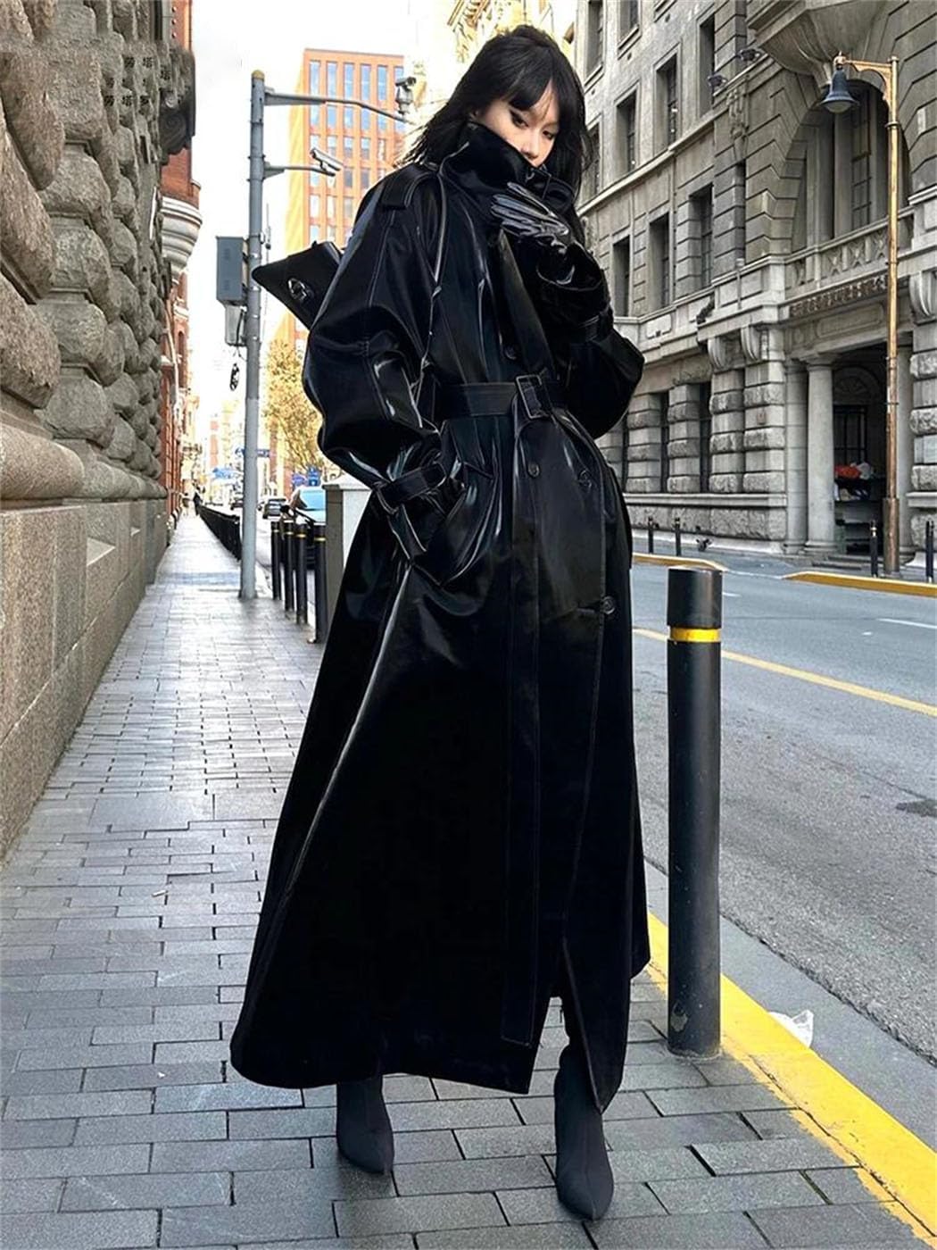 Women's Spring Autumn Extra Long Oversized Reflective Black Patent Leather Trench Coat Belt Runway Jackets