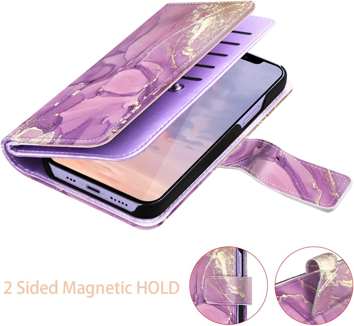 Fingic iPhone 12 Cases, iPhone 12 Pro Case, Marble Design Folio Cover 9 Card Holder PU Leather with Kickstand Wrist Strap Protective Case for Women Apple iPhone 12/12 Pro 6.1 inch 2020, Purple