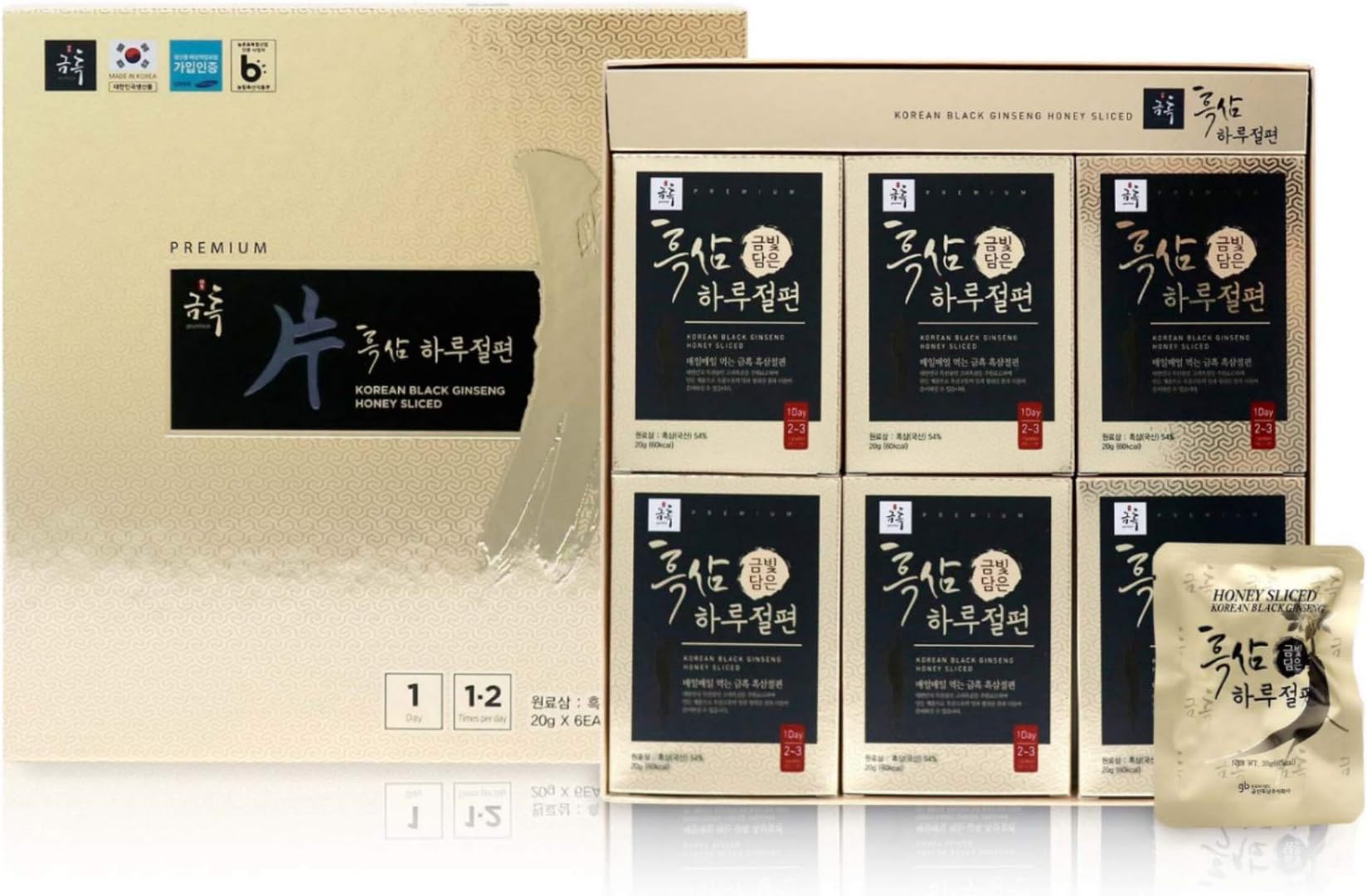 GeumHeuk Korean Black Honey Ginseng Root Sliced 20g X 6 Packs (120g) - Premium Quality Ginseng Boost Immunity and Promote Enhance Immunity, Mental Performance, Stamina, Energy