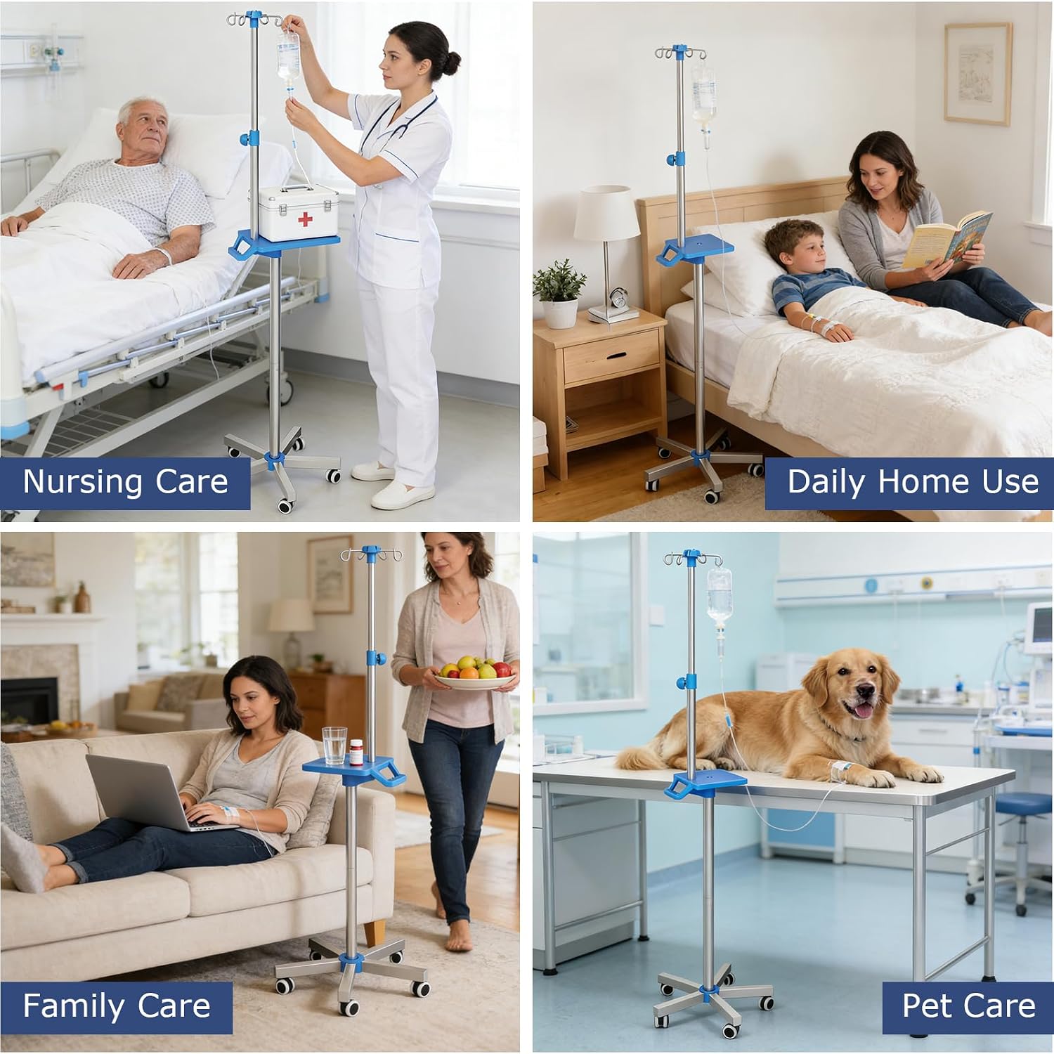 Adjustable IV Pole Portable Stand with Wheels, 52.3" to 70.8" Stainless Steel IV Stand with Tray and 4 Hooks, 5-Wheel Base