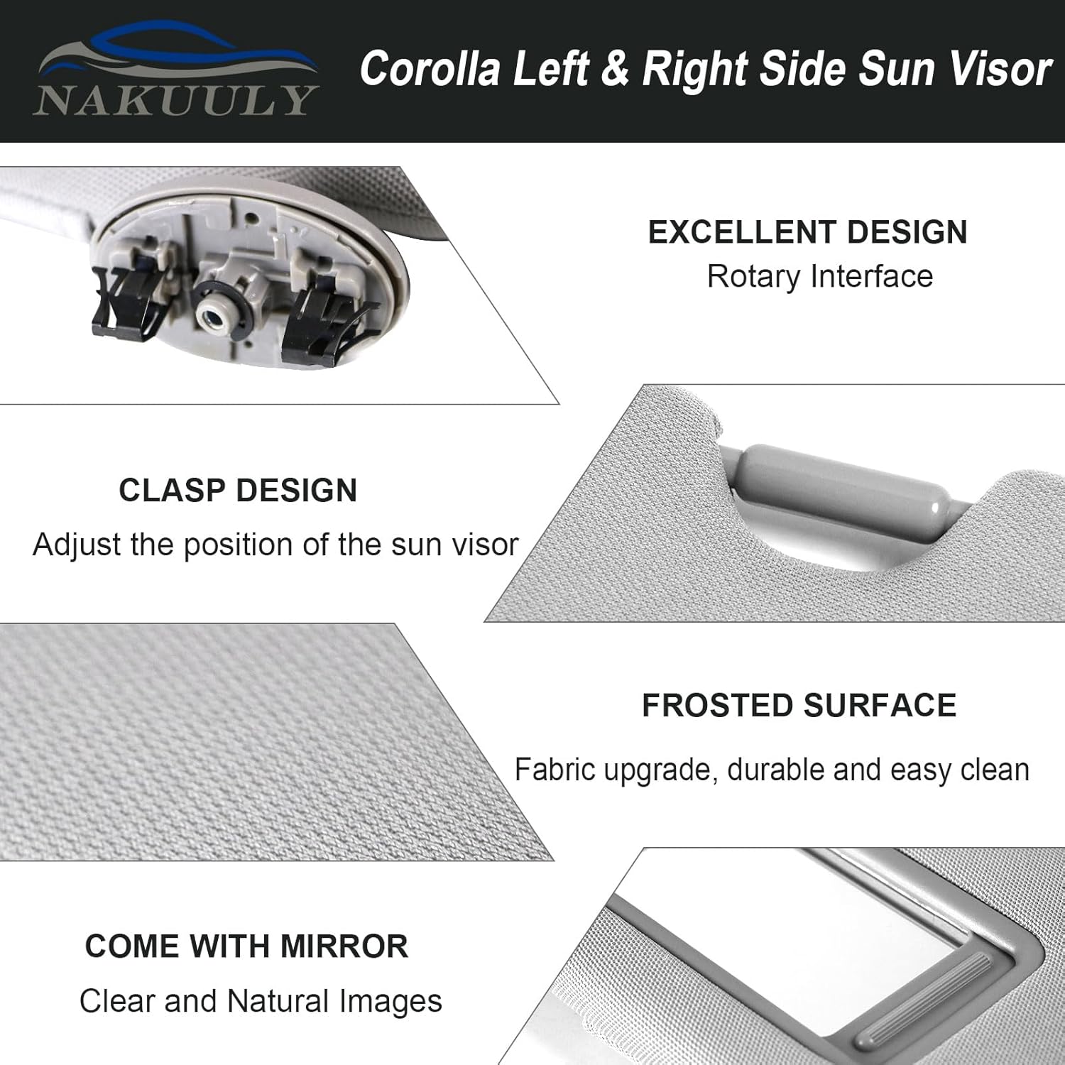 Nakuuly Sun Visor Gray Compatible with Toyota Corolla 2007 2008 2009 2010 2011 2012 2013 Left Driver and Right Passenger Side Sunvisor with Mirror Replaces # 74320-02711-E0 74310-12L80-B0