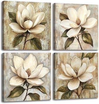 4 Piece Flower Canvas Wall Art Magnolia Picture Prints Vintage White Floral Paintings for Living Room Bedroom Kitchen Farmhouse Bathroom Decor FramedFlower-6,12.00" x 12.00" x 4Pcs
