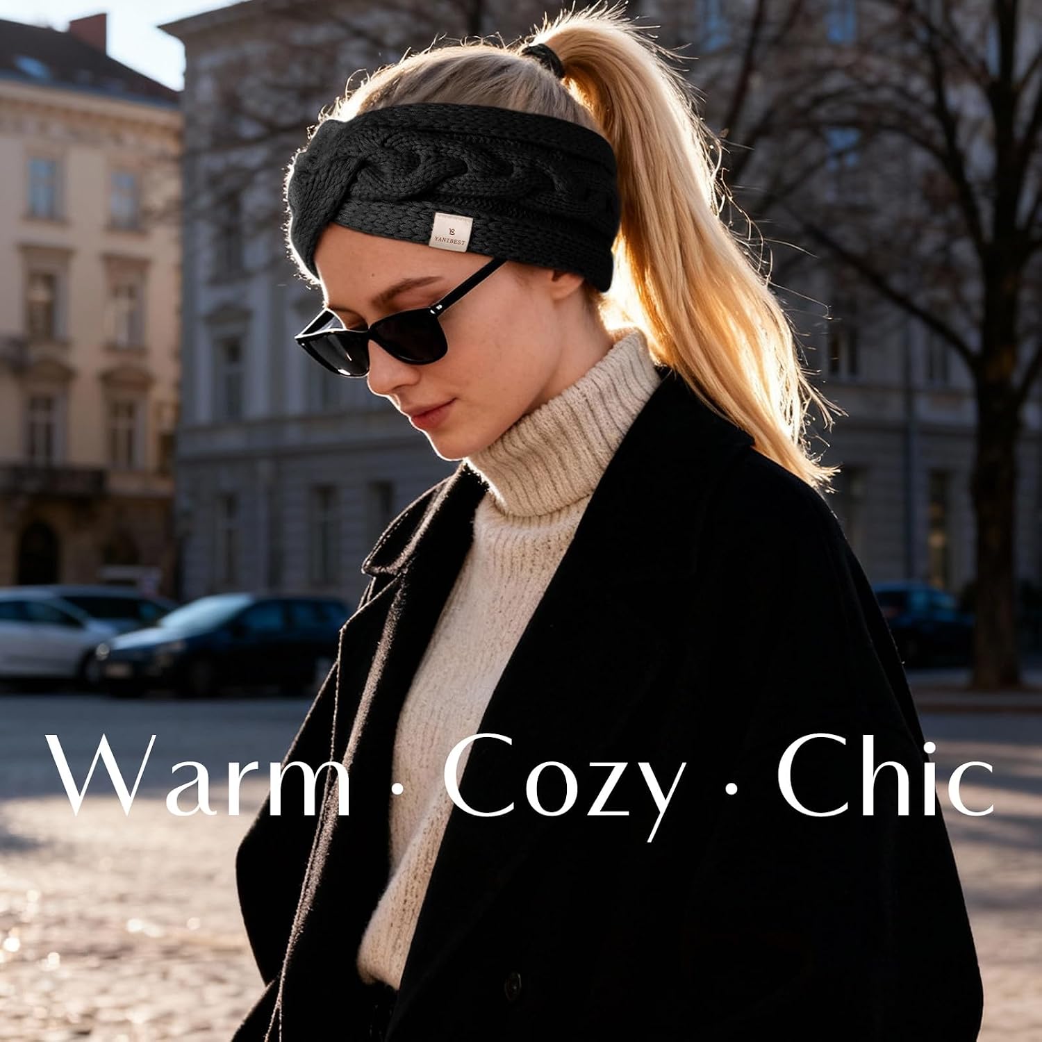 YANIBEST Soft Stretch Knot Headbands for Women Satin Lined Ear Warmer Headband for Women Men Outdoor, Black