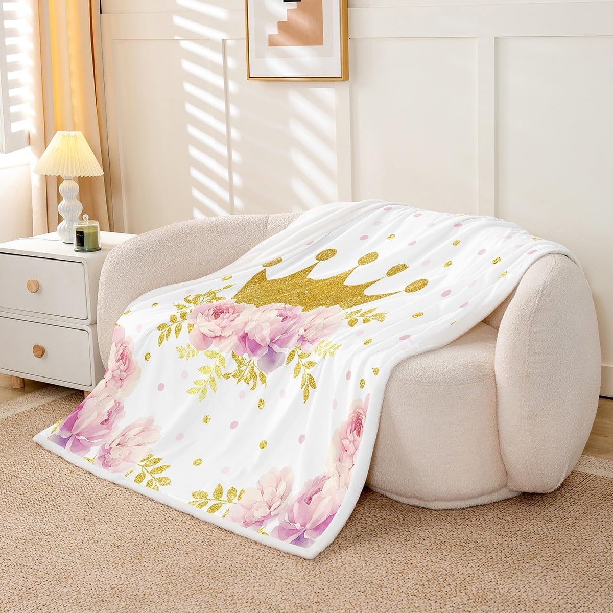 Princess Crown Flannel Fleece Blanket,Purple Girly Dreamy Flowers Super Soft Blanket for Bed Sofa Couch,Romantic Floral Bed Blanket for Bedroom Decor,Twin 60"x80"