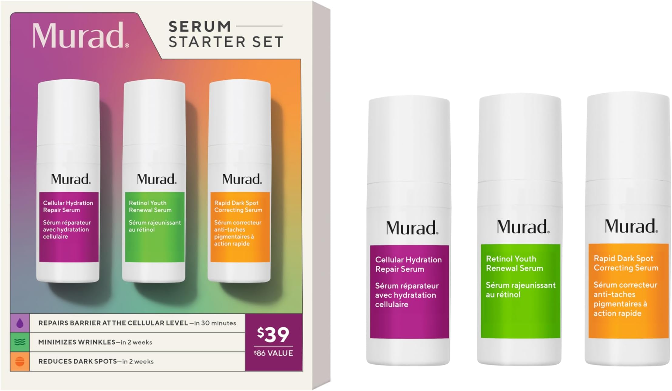 MuradSerum Starter Kit - 3-Piece Trial Kit ($86 Value) - Clinical Serums for Wrinkles, Dark Spots, & Repair - Retinol Serum 0.33Fl Oz, Dark Spot Serum 0.33Fl Oz, Cellular Hydration Serum 0.33Fl Oz