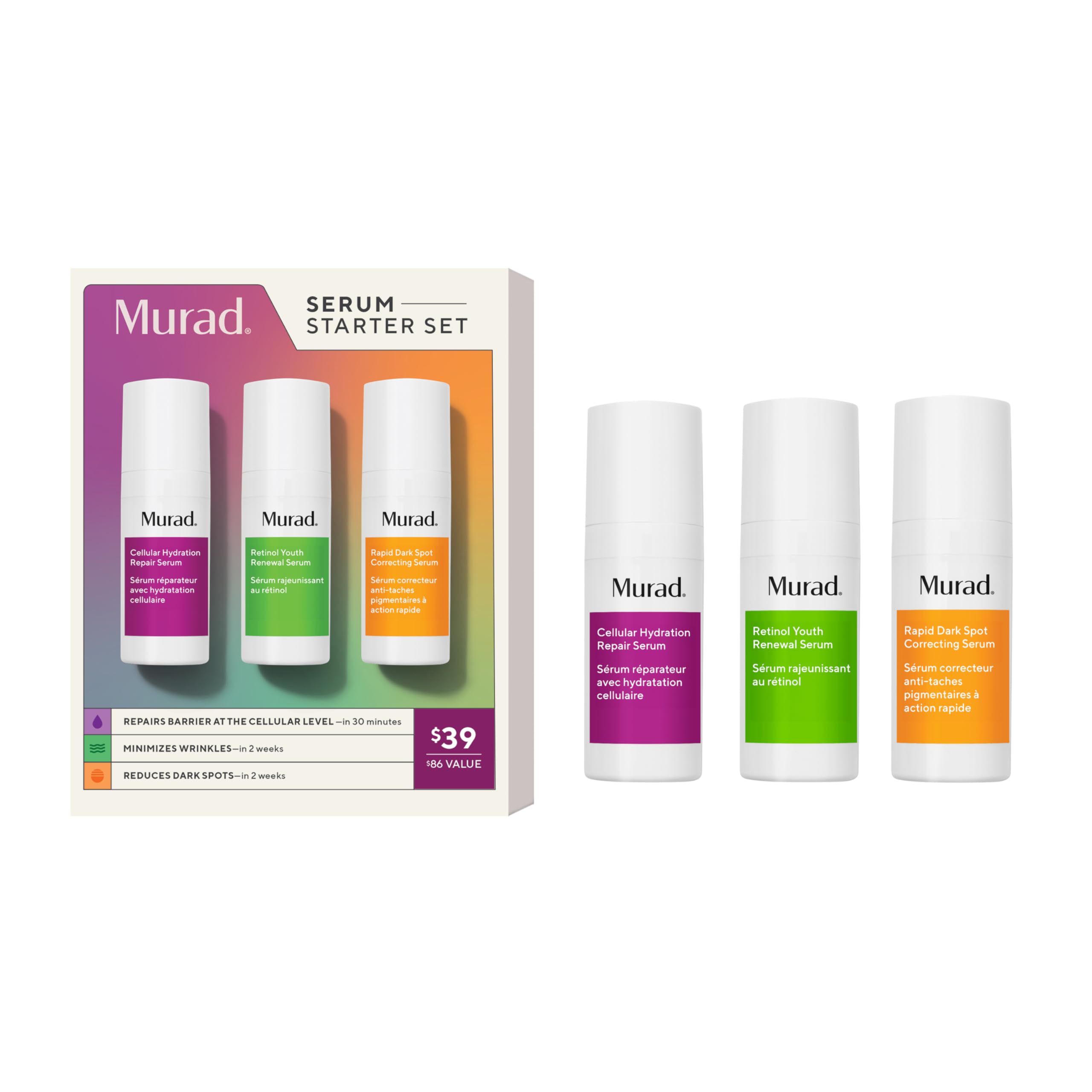MuradSerum Starter Kit - 3-Piece Trial Kit ($86 Value) - Clinical Serums for Wrinkles, Dark Spots, & Repair - Retinol Serum 0.33Fl Oz, Dark Spot Serum 0.33Fl Oz, Cellular Hydration Serum 0.33Fl Oz