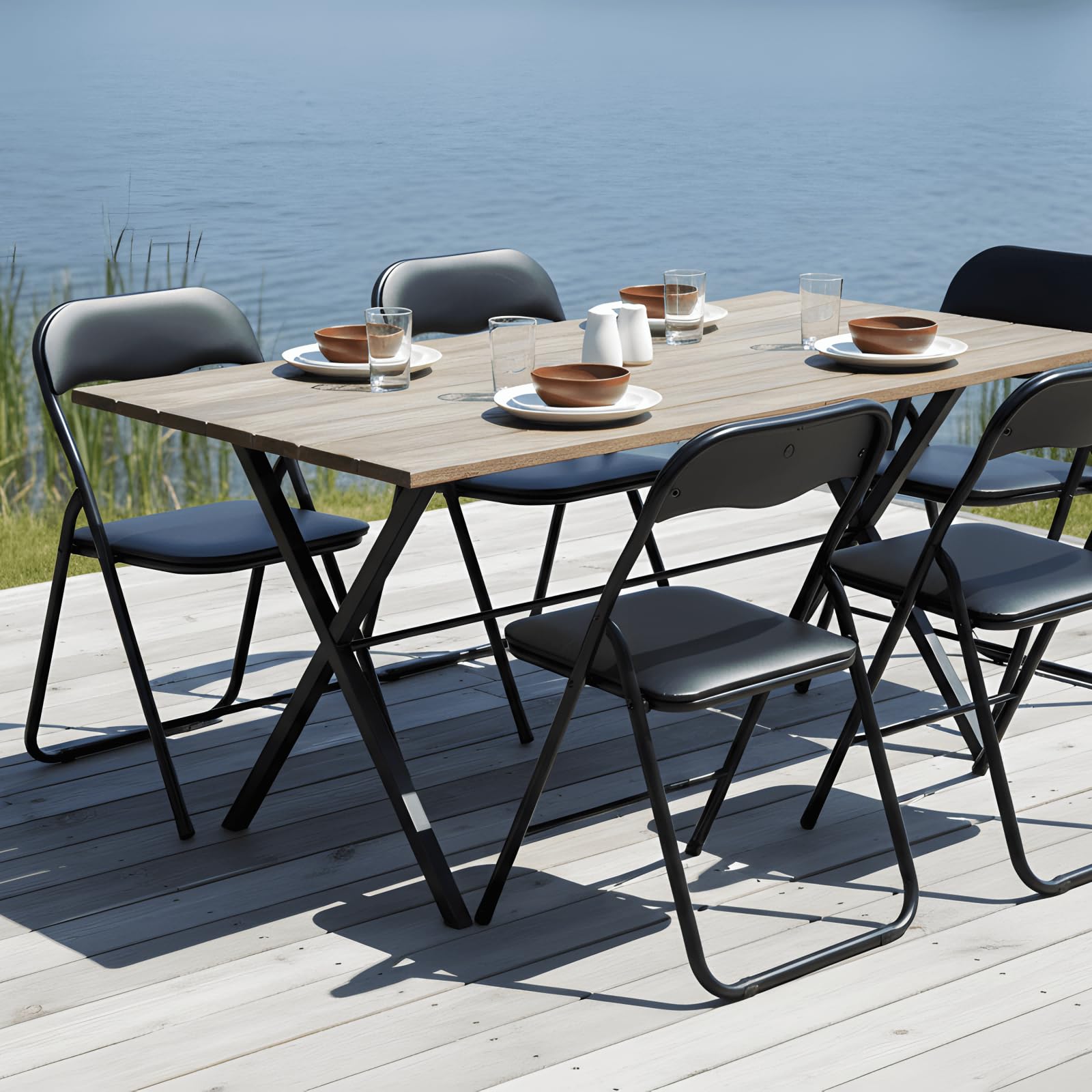 EGGREE Ensemble de 4 Chaises Pliantes Noires - Cadre Métallique, Siège Rembourré en PVC - Capacité de Charge 110 kg - Chaise Ergonomique Pliable pour Camping, Balcon, Fêtes, Bureau, Restaurant