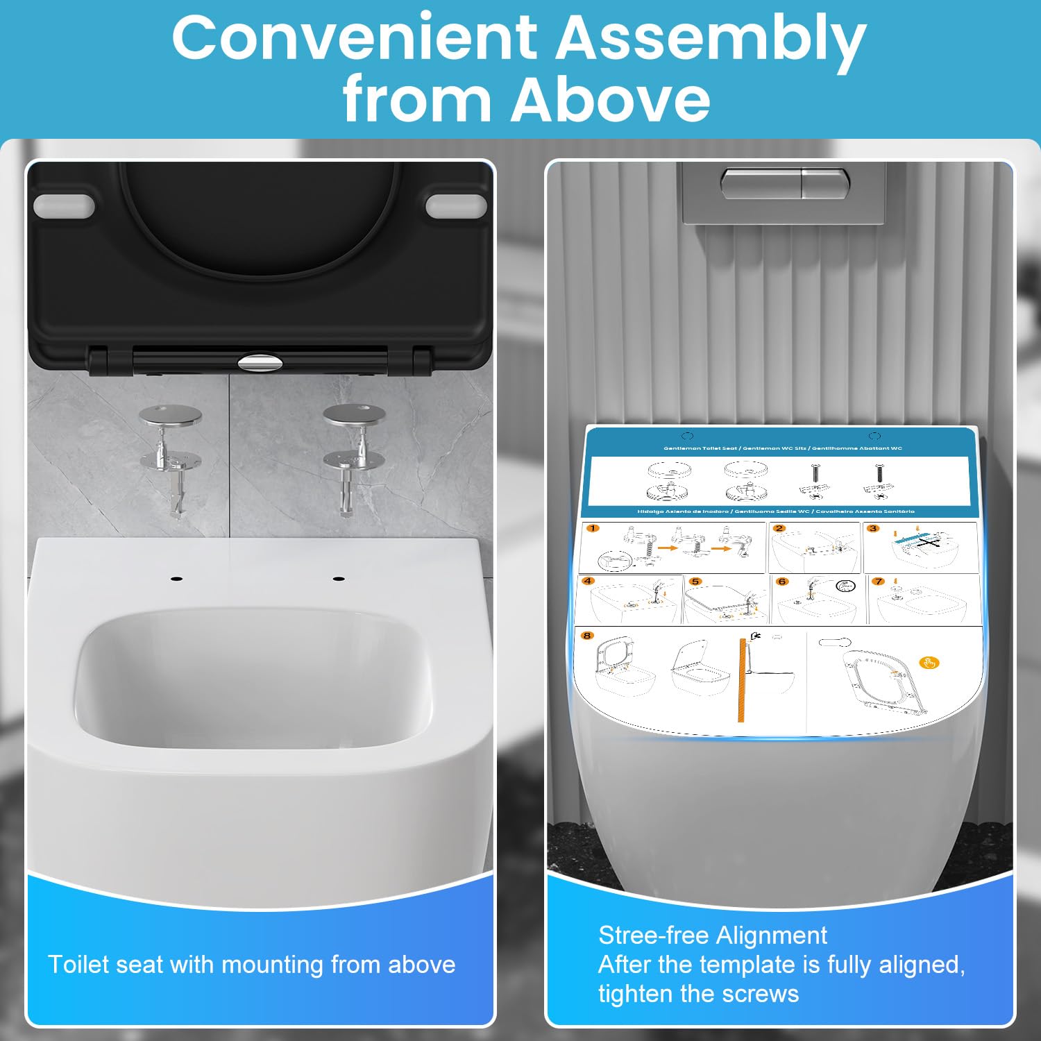 Sedile WC Quadrato Softclose nero, Tavoletta WC in Duroplast Antigraffio, Copriwater Rimovibile Quick Release, Facile da Pulire, incluso modello di installazione, 42,3 x 36,1 cm