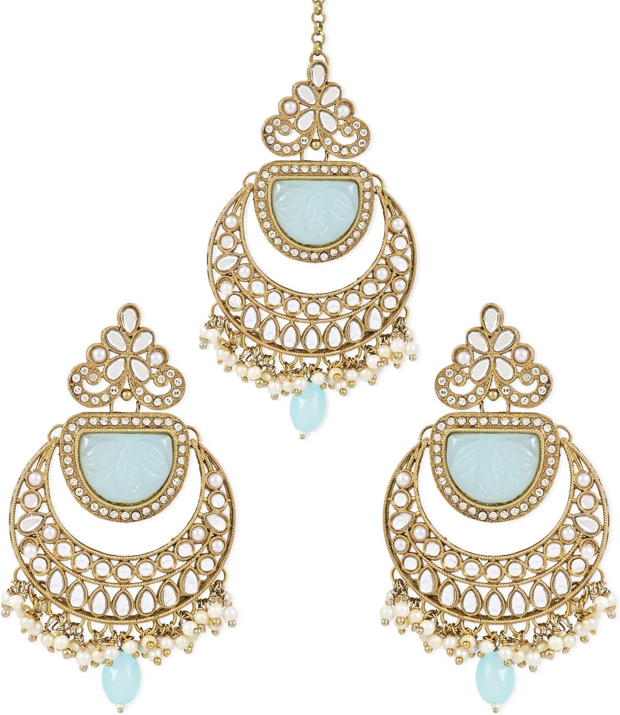I Jewels Gold Plated Indain Wedding Bollywood Pearl Hanging Kundan Stone Studed Chandbali Earring With Maang Tikka For Women