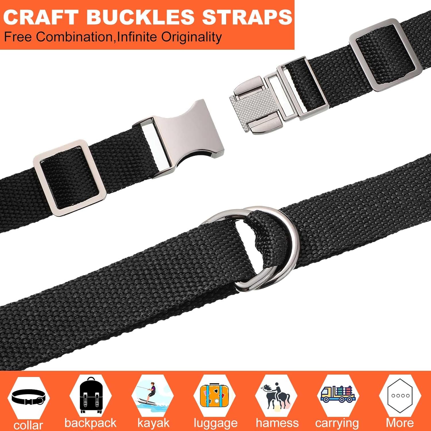 Zeyune 32 Pack Metal Buckles for Straps Dog Collar, 8 Pcs Side Release Buckle 8 Pcs D Rings 16 Pcs Tri Glide Slides Buckles - Image 4