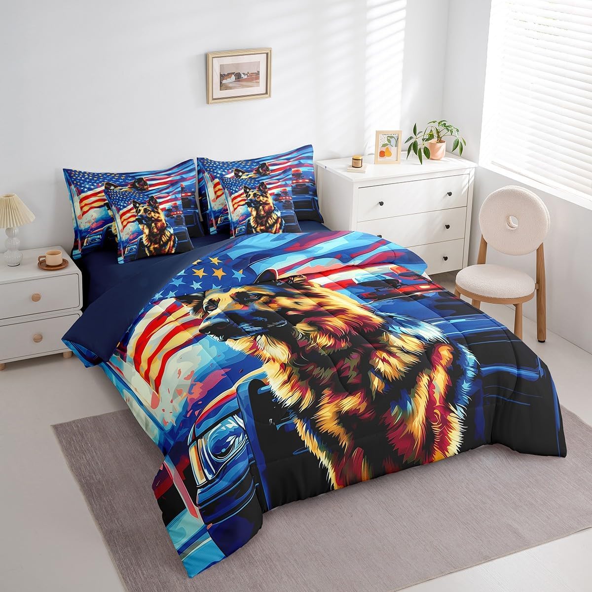7 Pieces Full Size German Shepherd Dog Comforter Set,Tie-dye Graffiti American Flag Bedding Set for Boys Men,Police Car Animal Pet (Comforter+Fitted+Flat Sheet+2 Pillowcases+2 Throw Pillow Covers)