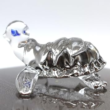 Turtle Glass Figurine Clear Blown Glass Sculpture with Real Silver Accents & Blue Eyes Miniature Collectible Animal Art & Unique Home Decor Gift Clear Silver