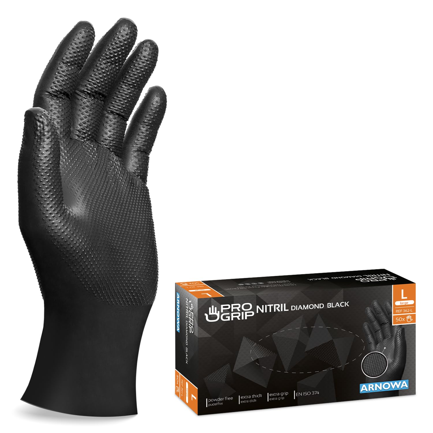 50x PROGRIP Guanti nitrile L Nero [Extra resistenti], Guanti monouso plastica, 2x più spessi, con finitura diamantata, Guanti in nitrile per industria e montaggio, guanti lavoro