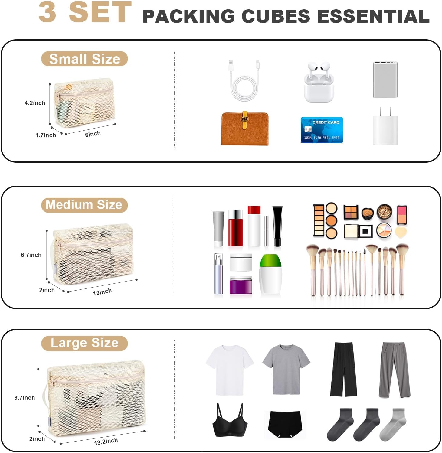 NOL Natural Organic Lifestyle 3-Pack Mesh Travel Toiletry Bags - Clear Zipper Travel Organizer, Airport Carry-On Compliant Reusable Cosmetic Makeup Bag for Women & Men (Cream)
