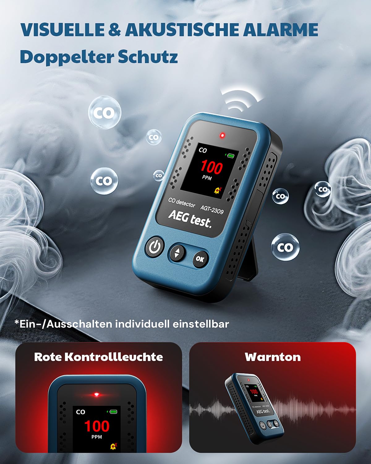 AGT-2309 Kohlenmonoxidmelder, 15 Tage Standby, Wiederaufladbarer Mini-CO-Monitor mit Umhängeband für Reisen & Camping, Handliches CO-Messgerät mit akustischen & visuellen, 0–1000 ppm – Blau