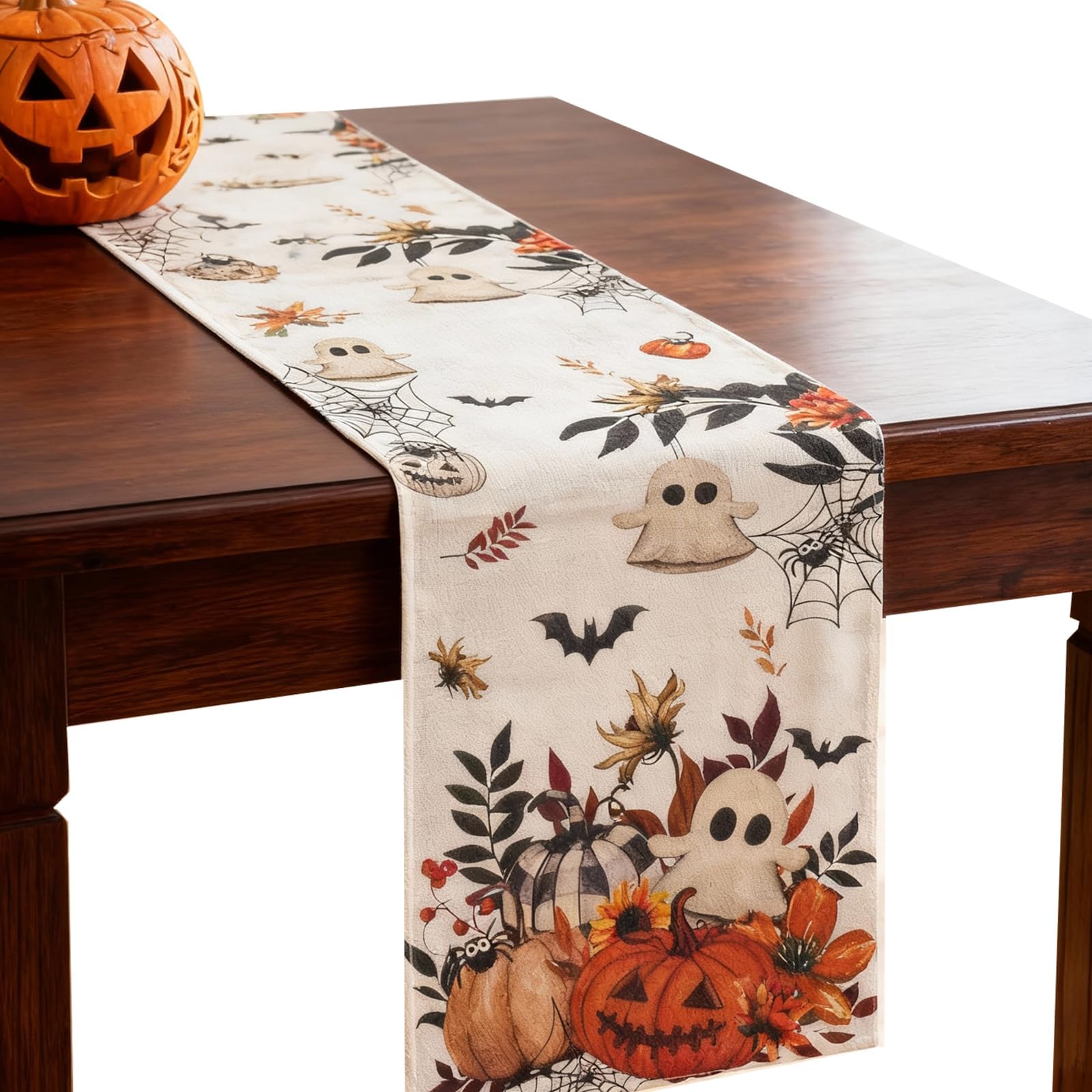 Halloween Table Runner,Halloween Table Decorations with Pumpkin Ghost Spider Web Design, Spooky Kitchen Dining Room Decoration for Holiday Party 13x72 Inch