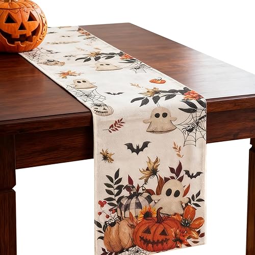 Halloween Table Runner,Halloween Table Decorations with Pumpkin Ghost Spider Web