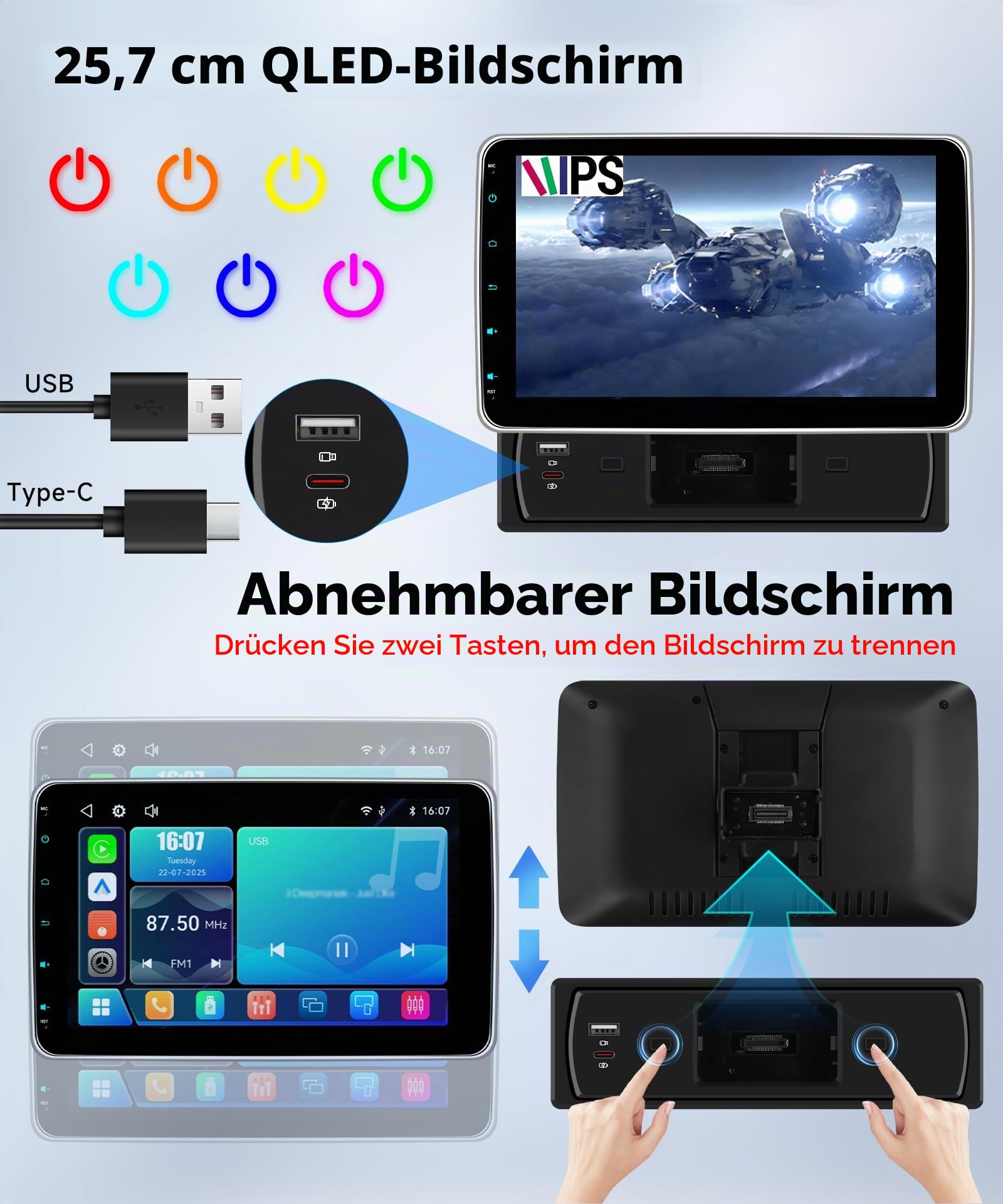 Hodozzy 1 Din RDS Autoradio mit Drahtlose CarPlay Android Auto, 10 Zoll Abnehmbarer Bildschirm mit USB Type-C/Bluetooth 5.2/FM/EQ/SWC+Rückfahrkamera