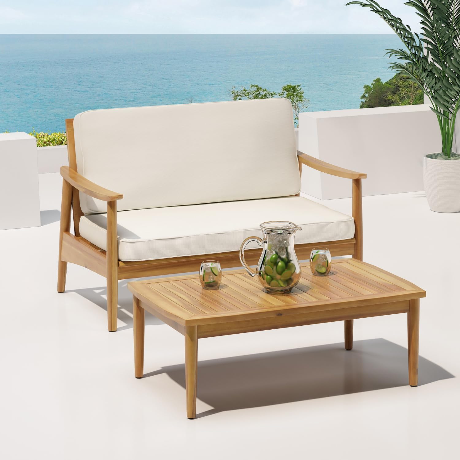 Modern Acacia Wood Loveseat & Coffee Table Set for Patio & Outdoor Relaxation