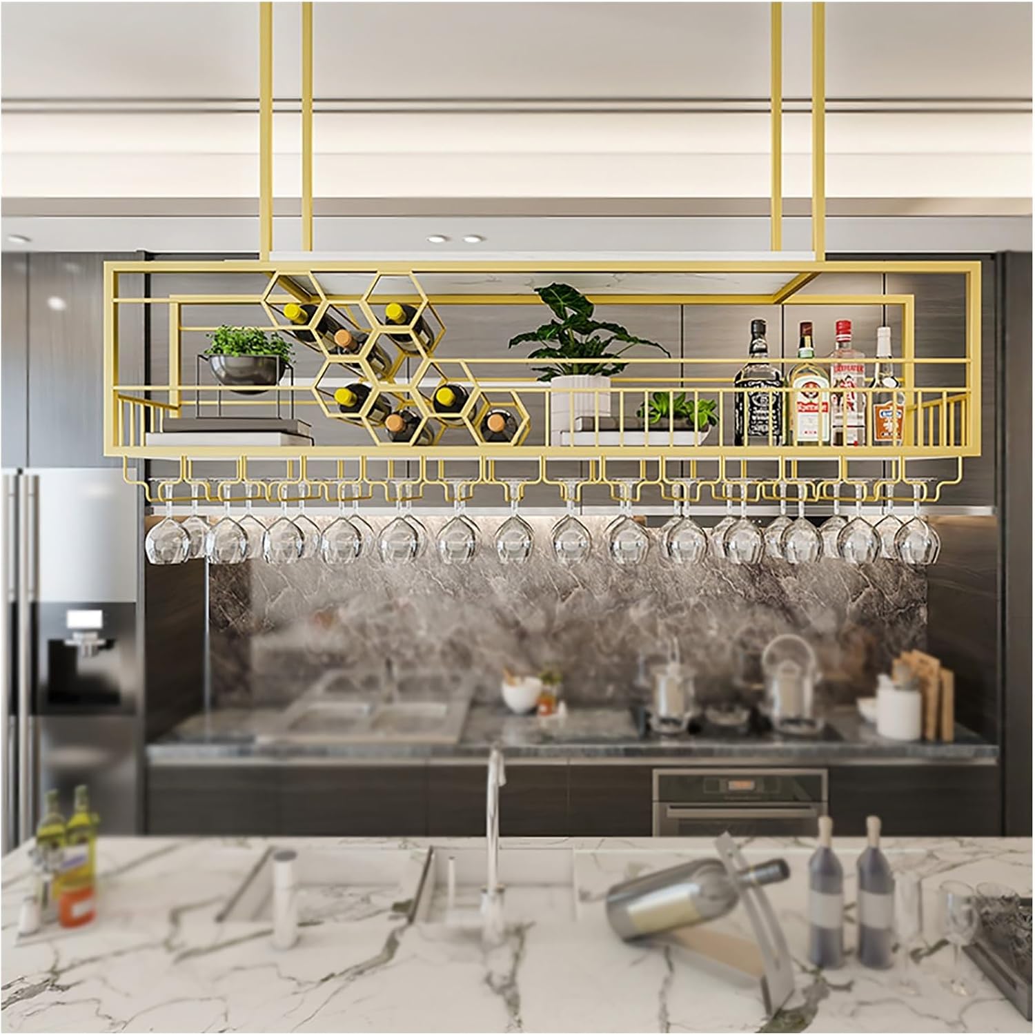 Ceiling Mounted Wine Glass Rack Cabinet Organizer with Iron Wine Bottle Holder and Liquor Shelf for Home Bar Storage Display (100 * 30 * 40cm)