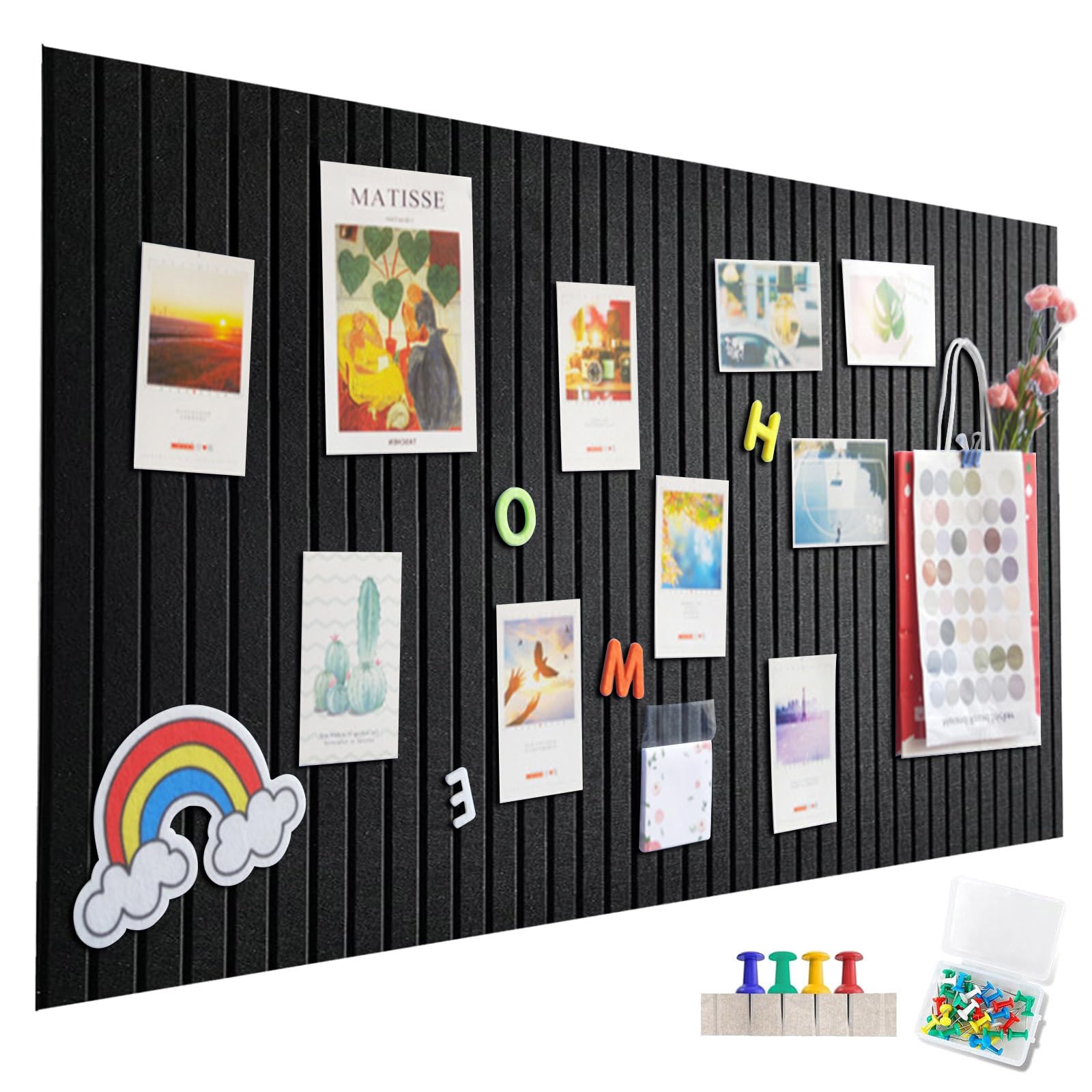 Large Felt Notice Board, Self-Adhesive, 60 x 40 cm, Felt Board, Vertical Stripes, Decorative Notice Board, Foldable Photo Board, Memo Boards, Bulletin Board for Office, Kitchen, Black โ image 1