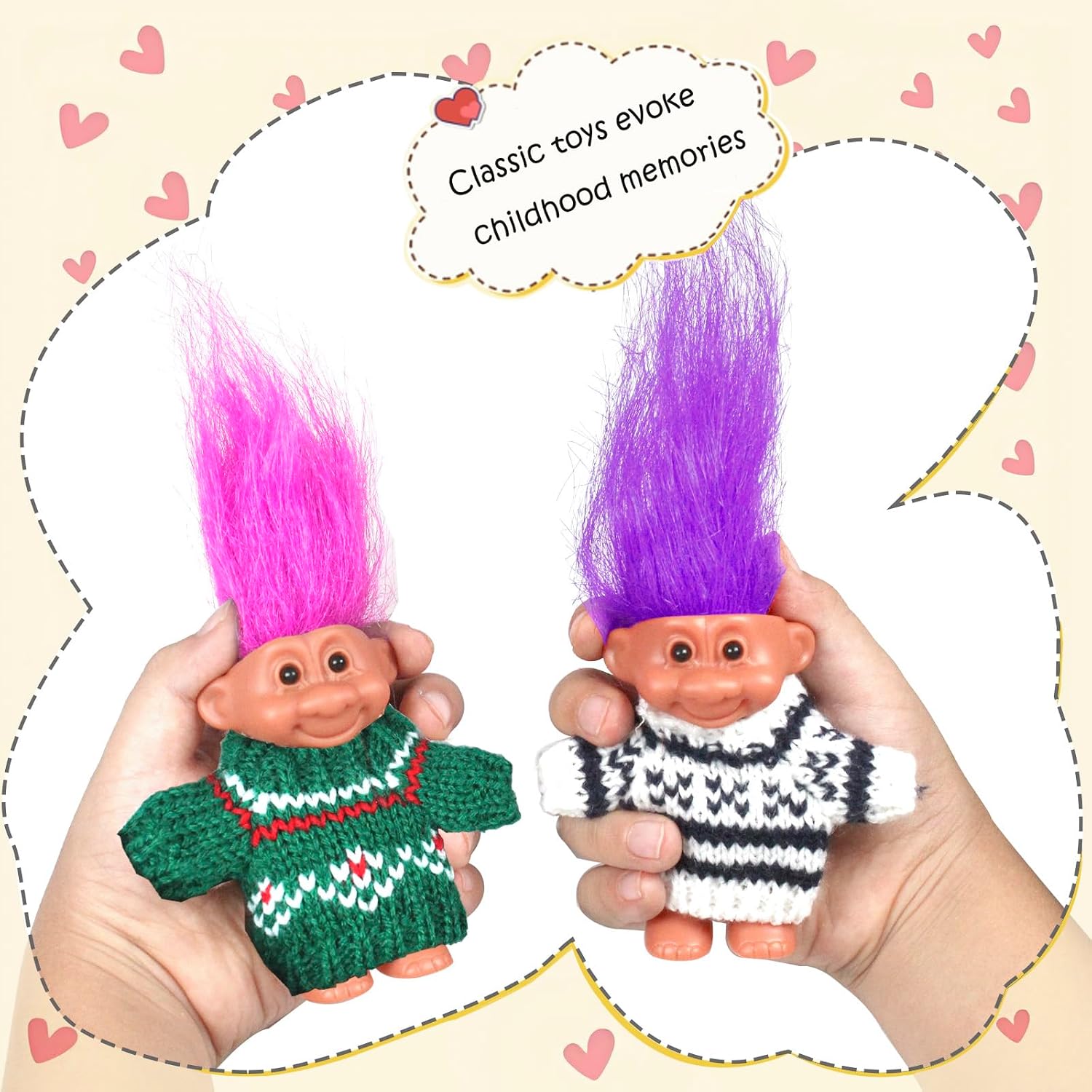 2 PCS Retro Lucky Troll Dolls in Hand-Knit Sweaters - Colorful, Adorable, Great for Collections, School Projects, Crafts & Party Favors (Black&Green) image 2