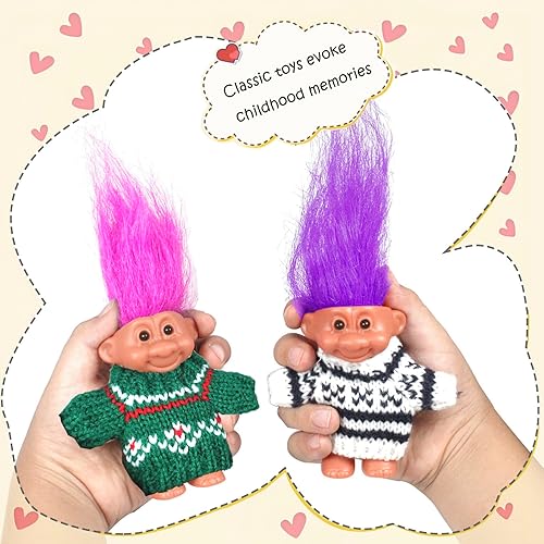 Miniatura 2 de 2 muñecas retro de la suerte Troll en suéteres tejidos a mano, coloridos, adorables, ideales para colecciones, proyectos escolares, manualidades y