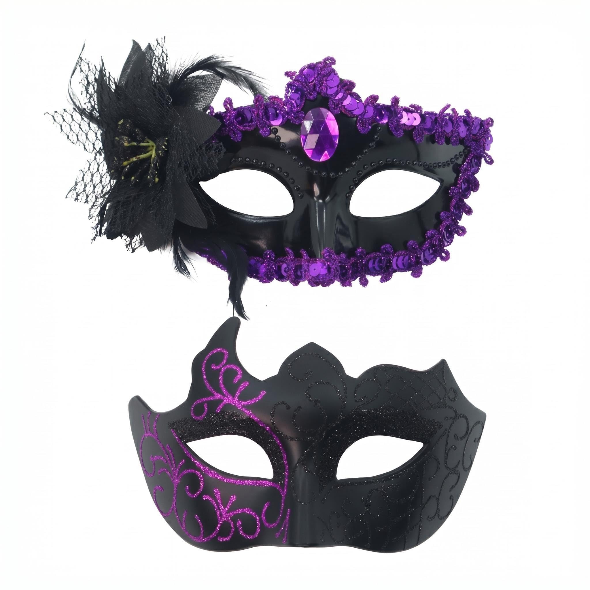 Xizhounianfeng 【2 Pack】 Plastic Lace Masks for Women Men Masquerade, Half Face Mardi Gras Mask, Venetian Carnival Eye Masks with Rhinestones for Halloween Christmas Cosplay Party Supplies(purple)