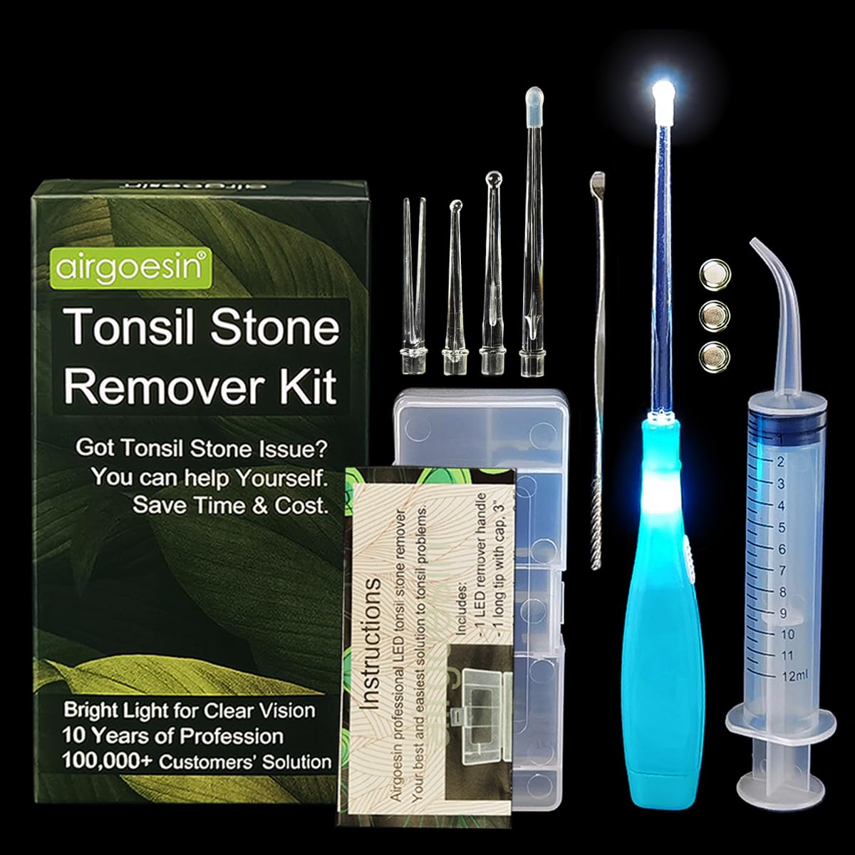 Airgoesin Lighted Tonsil Stone Remover Tool, Blue, 3 Tips, Tonsillolith Pick Case + 1 Irrigator Clean Curved Tip Syringe (B018VMED2E) Amazon Price History, Amazon Price Tracker