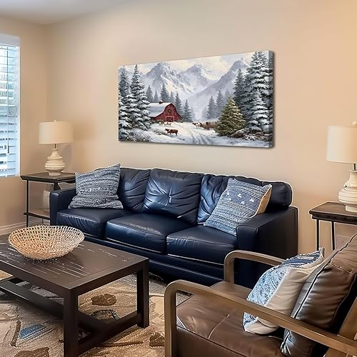 Miniatura 3 de 20"x 40" Canvas Wall Art Christmas Tree Red Barn Cow drawn Sleigh Rustic Vintage Framed Pictures Painting Prints Large Wall Art for Living Room