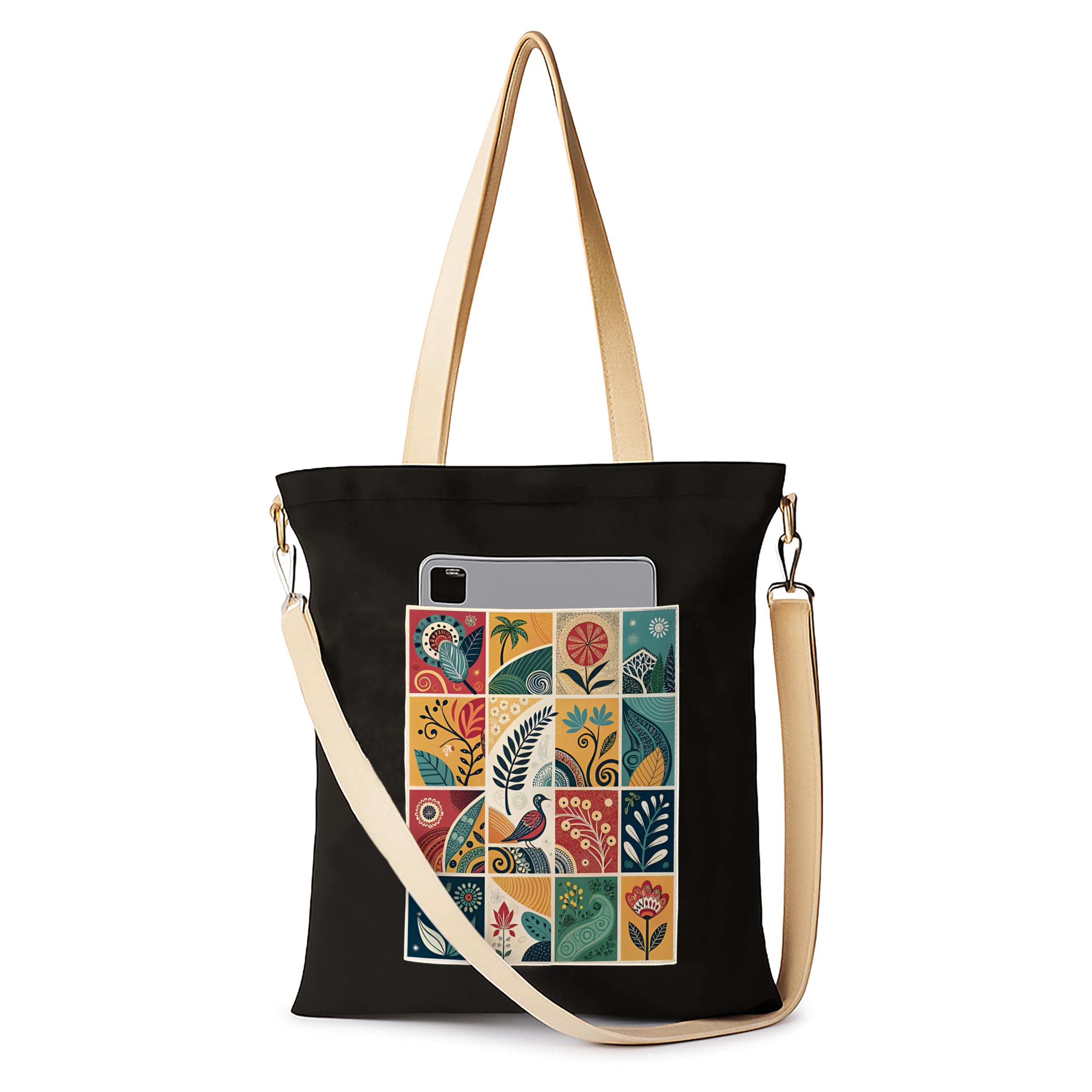 zori Tropical Flower Art Canvas Black Sling Bag With Pocket and with Beige Straps, Good Times, Tote Bag for Shopping, Travel & Beach-picture-28