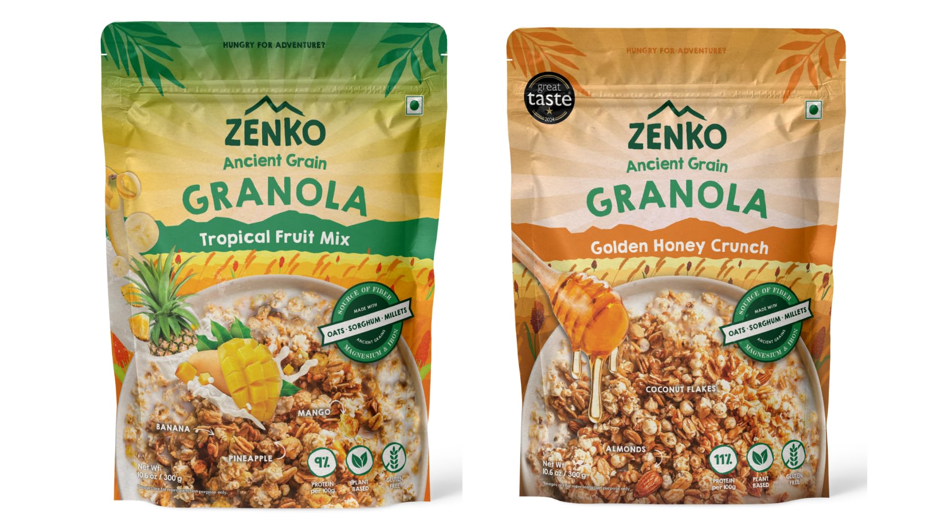 ZENKO Ancient Grain Granola, Tropical Fruit Mix & Golden Honey Crunch, Oats Sorghum Millets, Plant Based, Gluten Free, 300g Each, Pack of 2-image-37