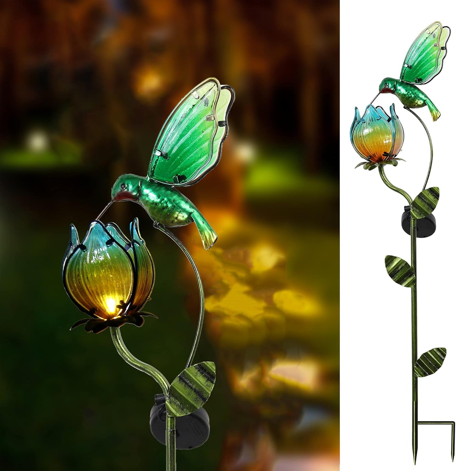 TERESA'S COLLECTIONS Glass Tulips Metal Garden Stake with Solar Lights(2 pcs), Flower and Birds Solar Powered Lawn Ornaments for Outdoor Patio Yard Decorations