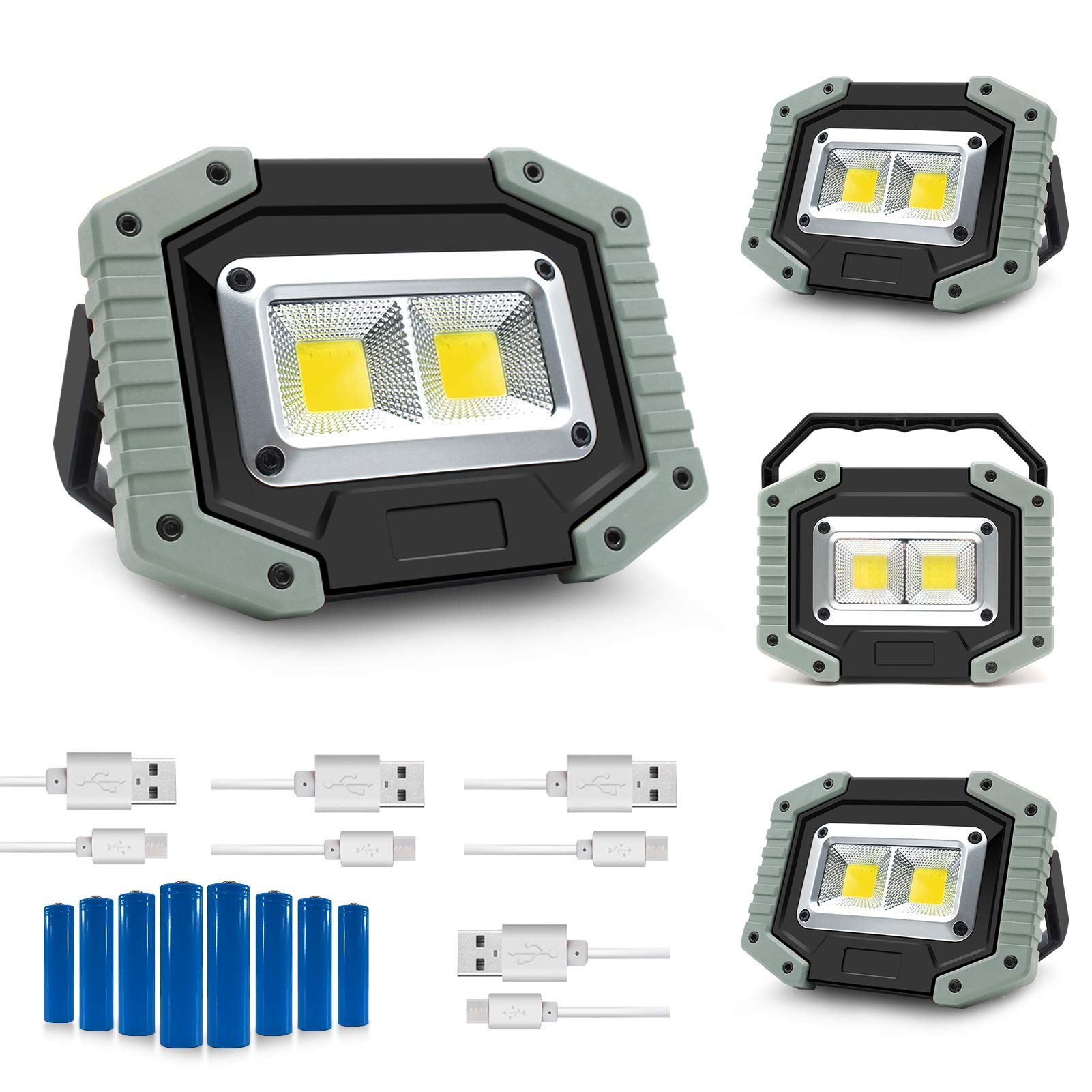 Portable LED Work Light, 30W 1500LM Rechargeable Waterproof COB Floodlight, Super Bright Camping Lights with Stand Built-in Power Bank for Indoor Outdoor Lighting, Gray, 4Pack